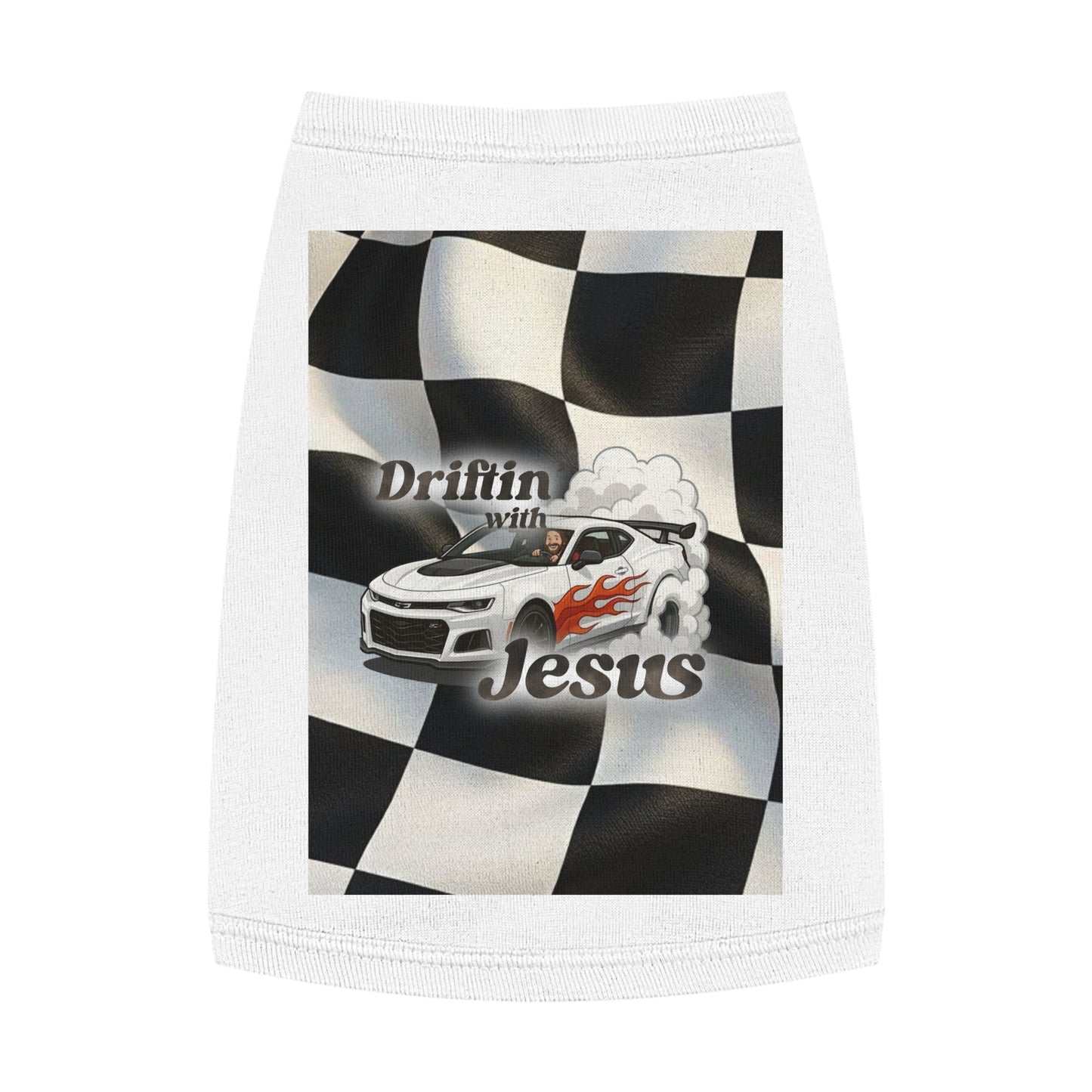 Pet Tank Top — "Driftin' with Jesus" Racing Flag Dog Shirt