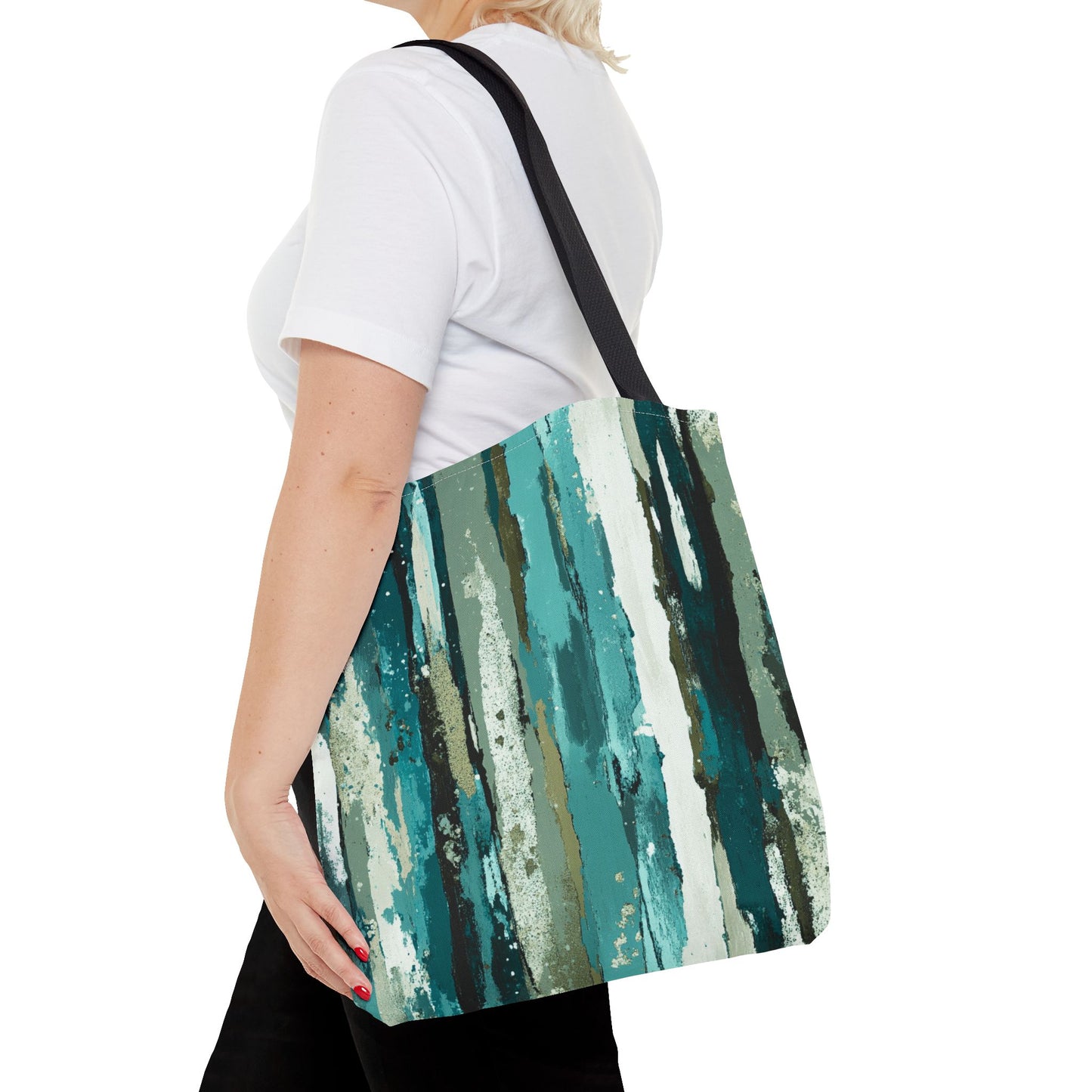 Abstract Teal Stripes Tote Bag — Vertical Brushstroke Pattern
