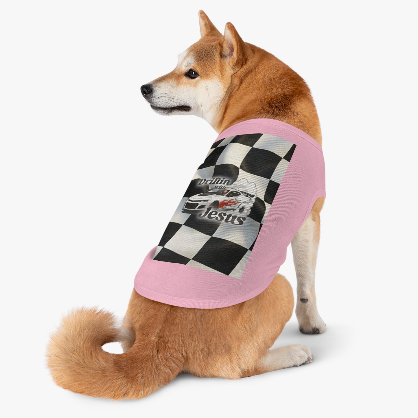 Pet Tank Top — "Driftin' with Jesus" Racing Flag Dog Shirt