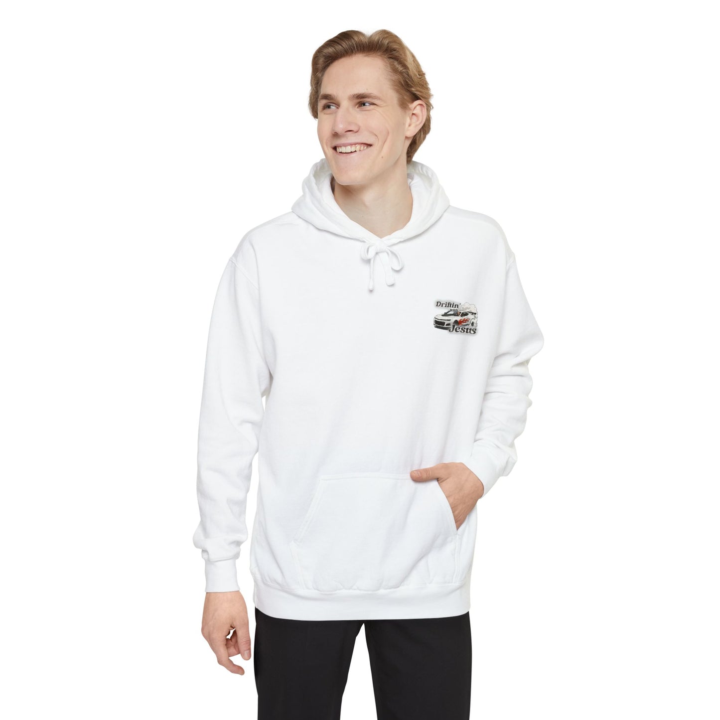 Classic Car Hoodie — Small Chest Graphic “drifting with jesus" Pullover