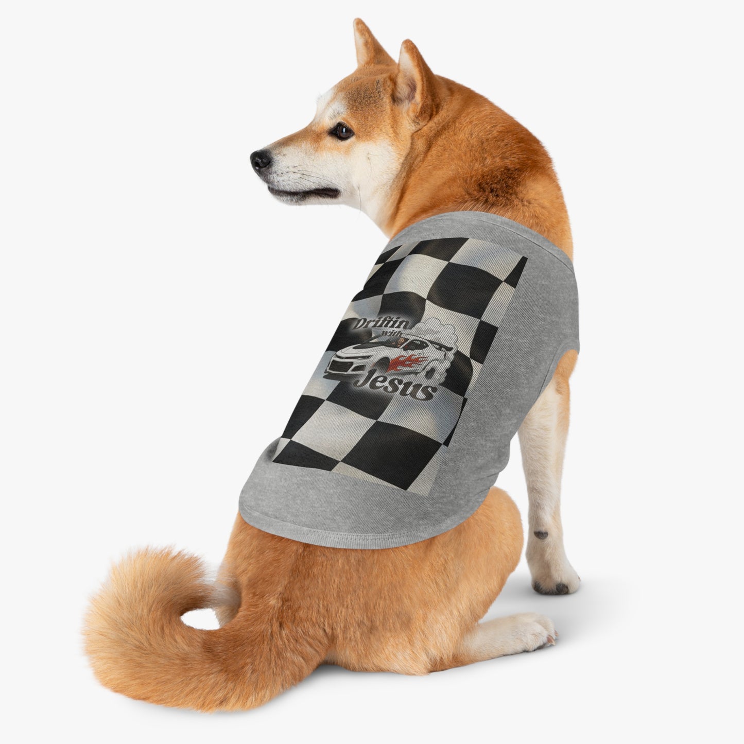Pet Tank Top — "Driftin' with Jesus" Racing Flag Dog Shirt