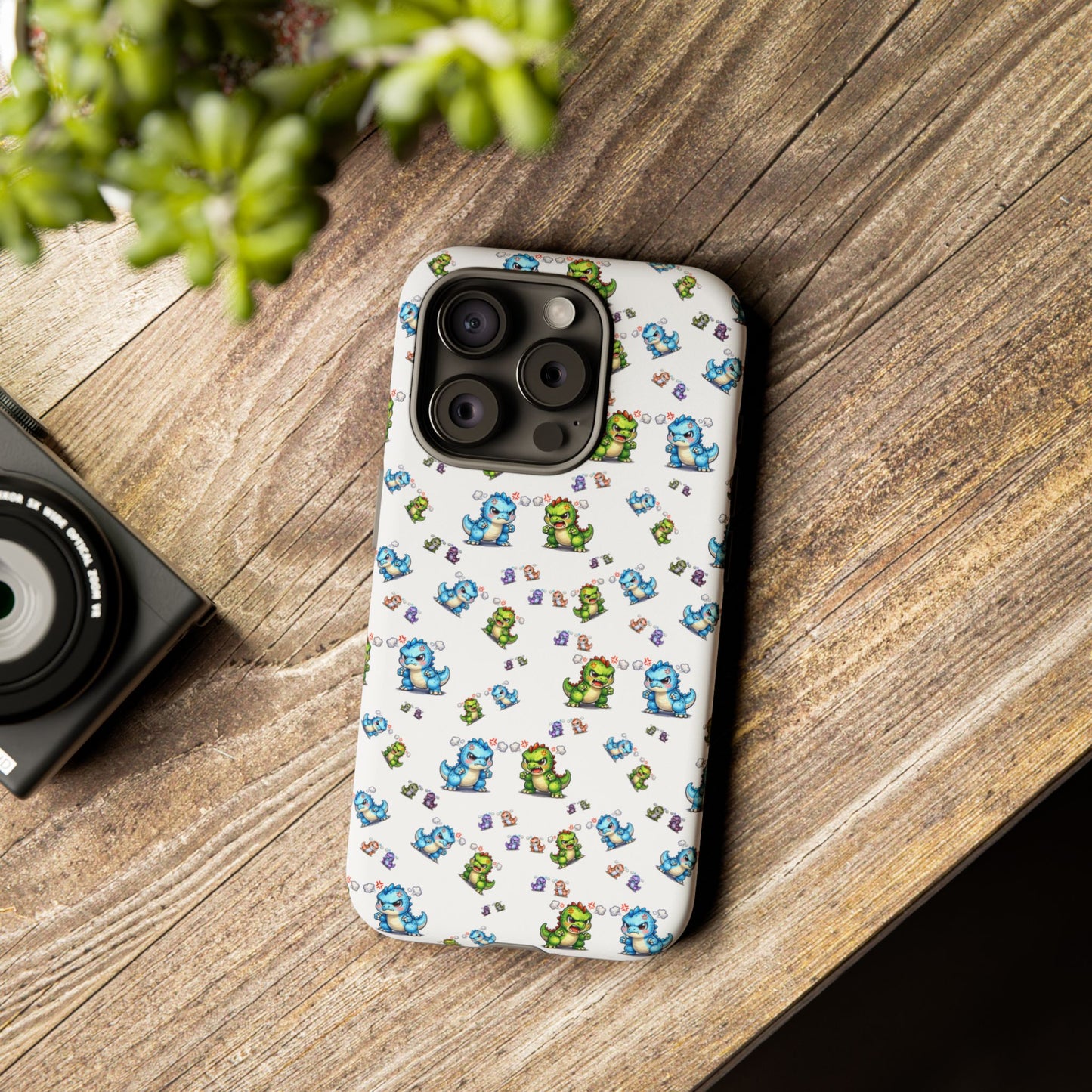 Cute Dino Pattern Phone Case — Cartoon Green & Blue Dino Tough Case, Protective iPhone Cover