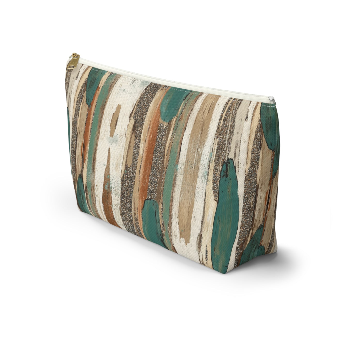 Abstract Teal & Earthtone Accessory Pouch — T-Bottom Cosmetic Bag