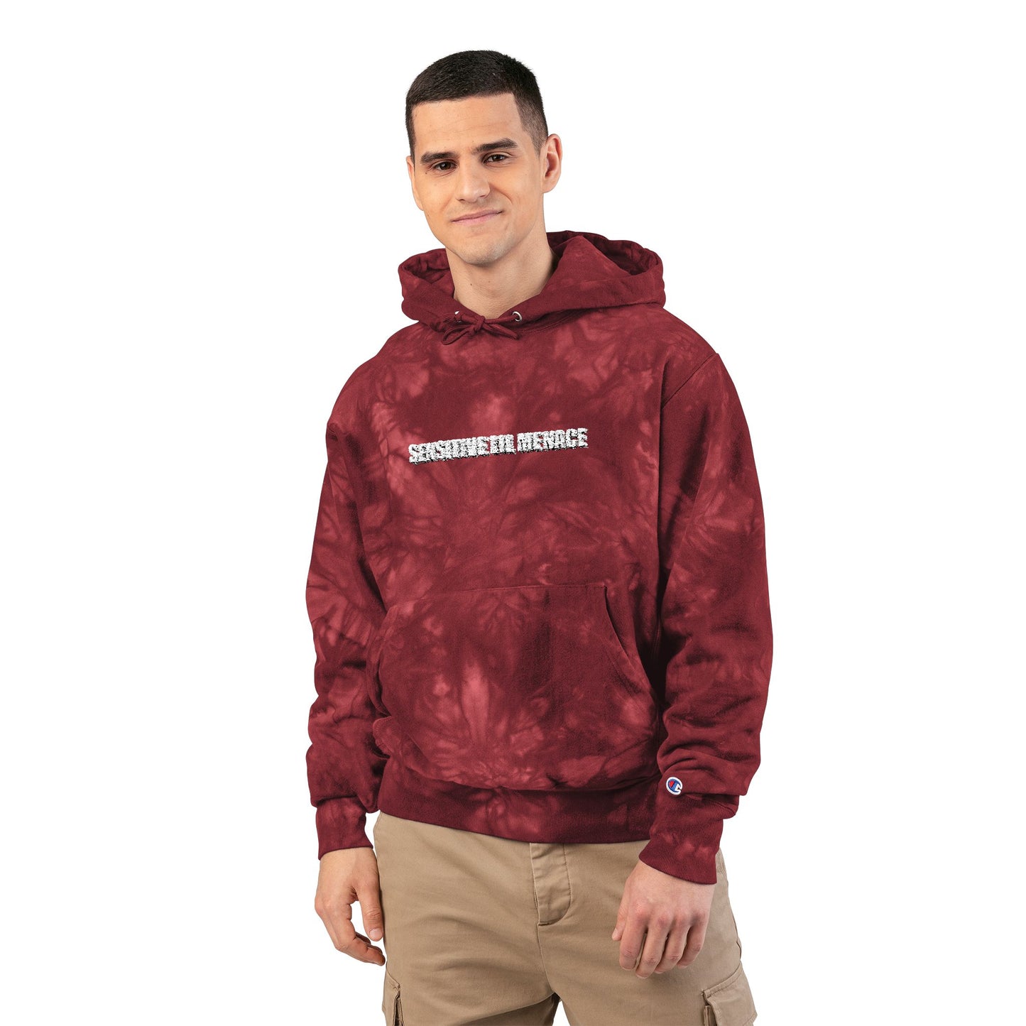 Tie-Dye Embroidered Hoodie — 'Sensitive lil menace' Champion Pullover