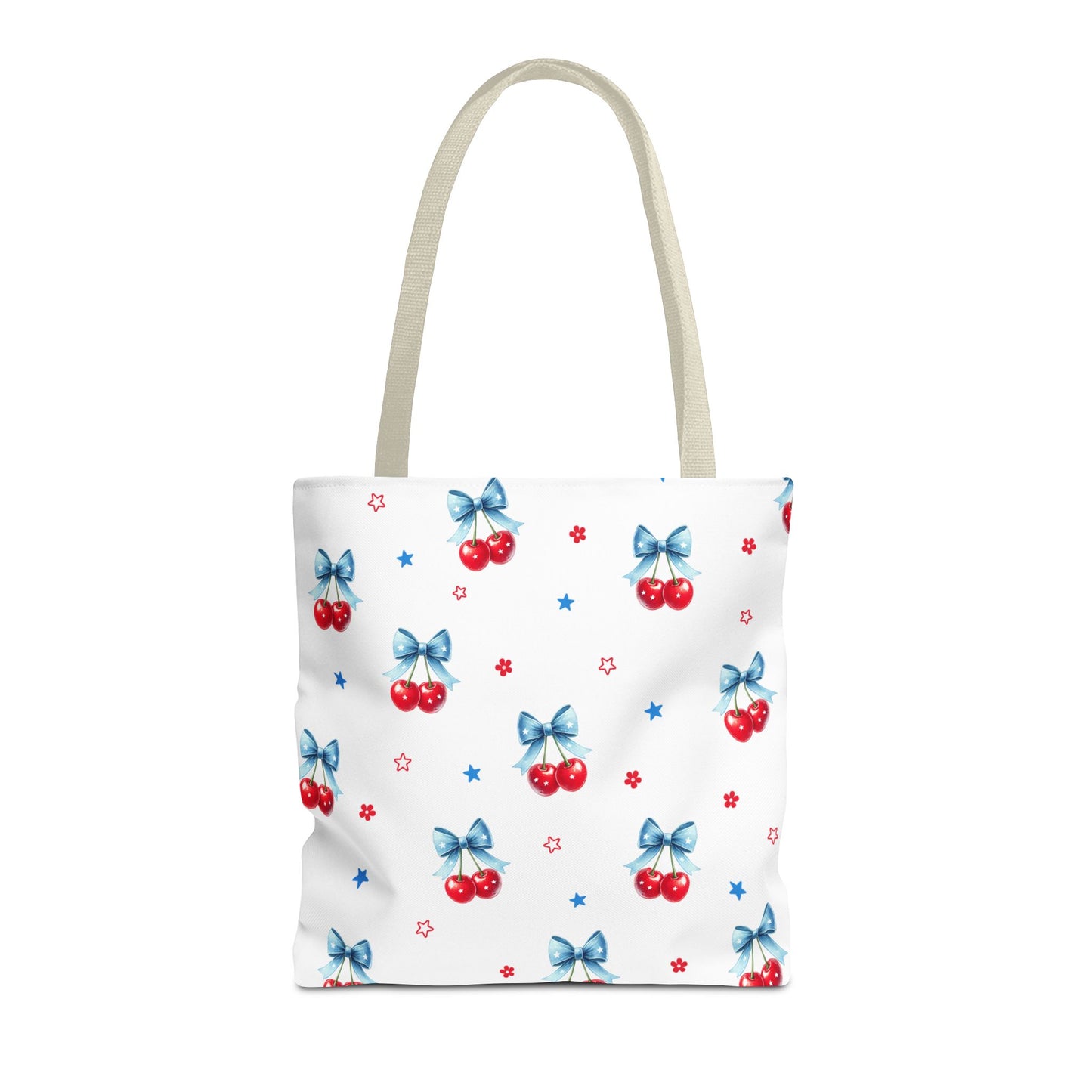 Cherry Bow Tote Bag — Cute Red Cherries with Blue Bows Patterned Shopper
