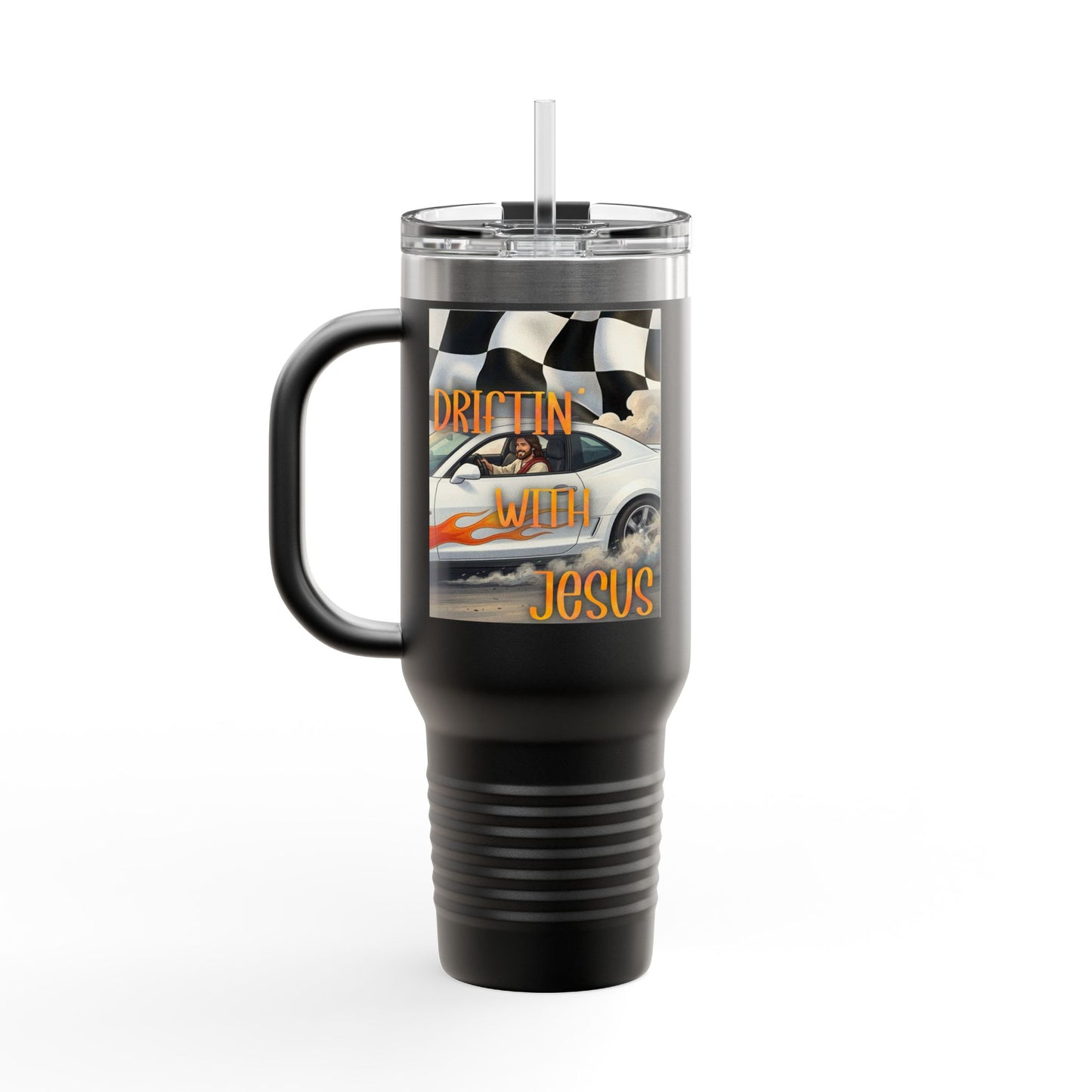 40oz Insulated Travel Mug — Vintage Race Car on Checkered Flag