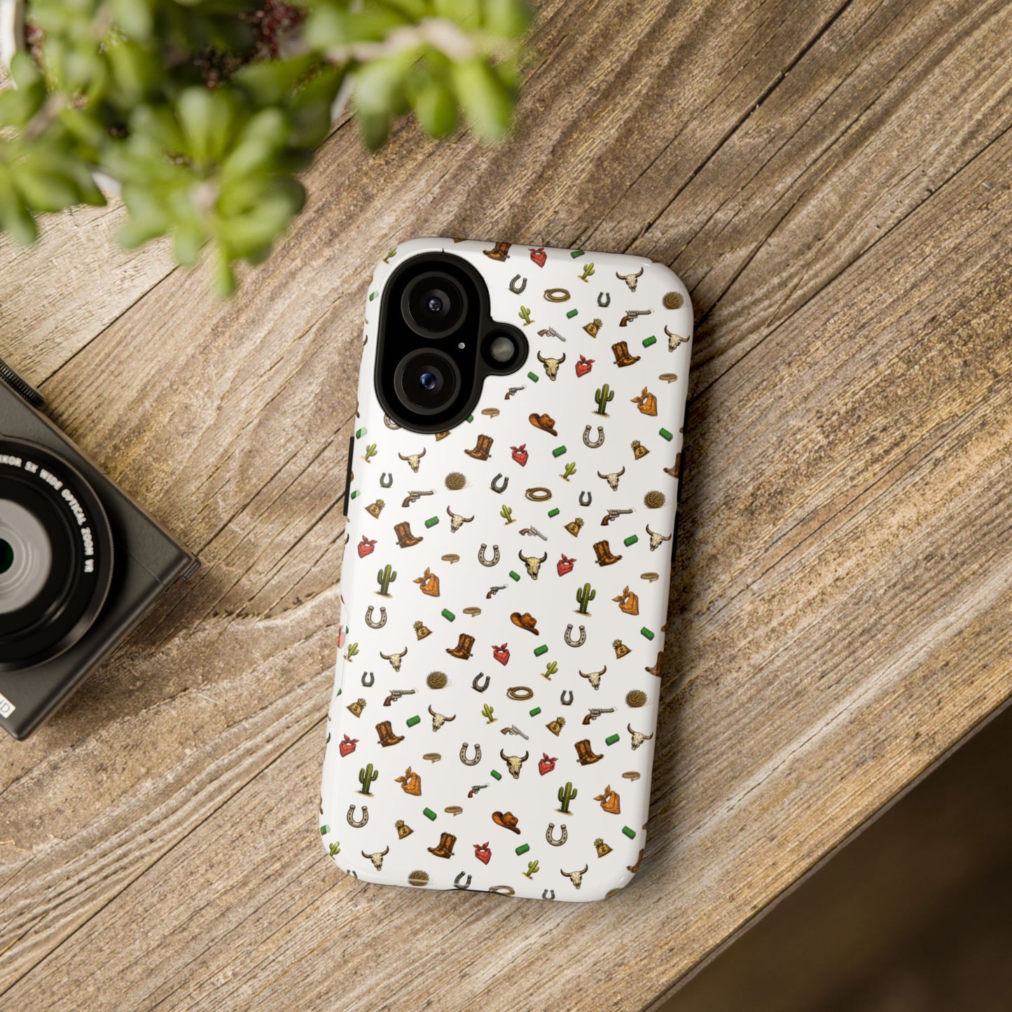 Western Cowboy Pattern Phone Case — Rodeo Hat, Horseshoe & Cactus Tough Case