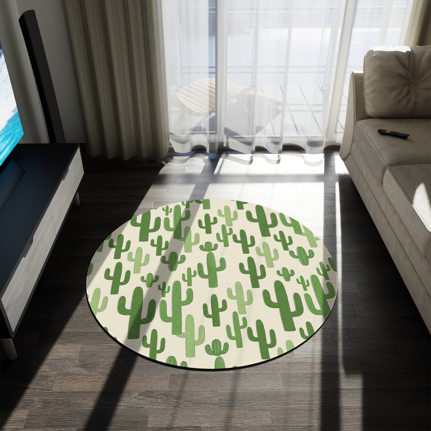 Cactus Pattern Round Rug — Green Desert Accent Floor Mat