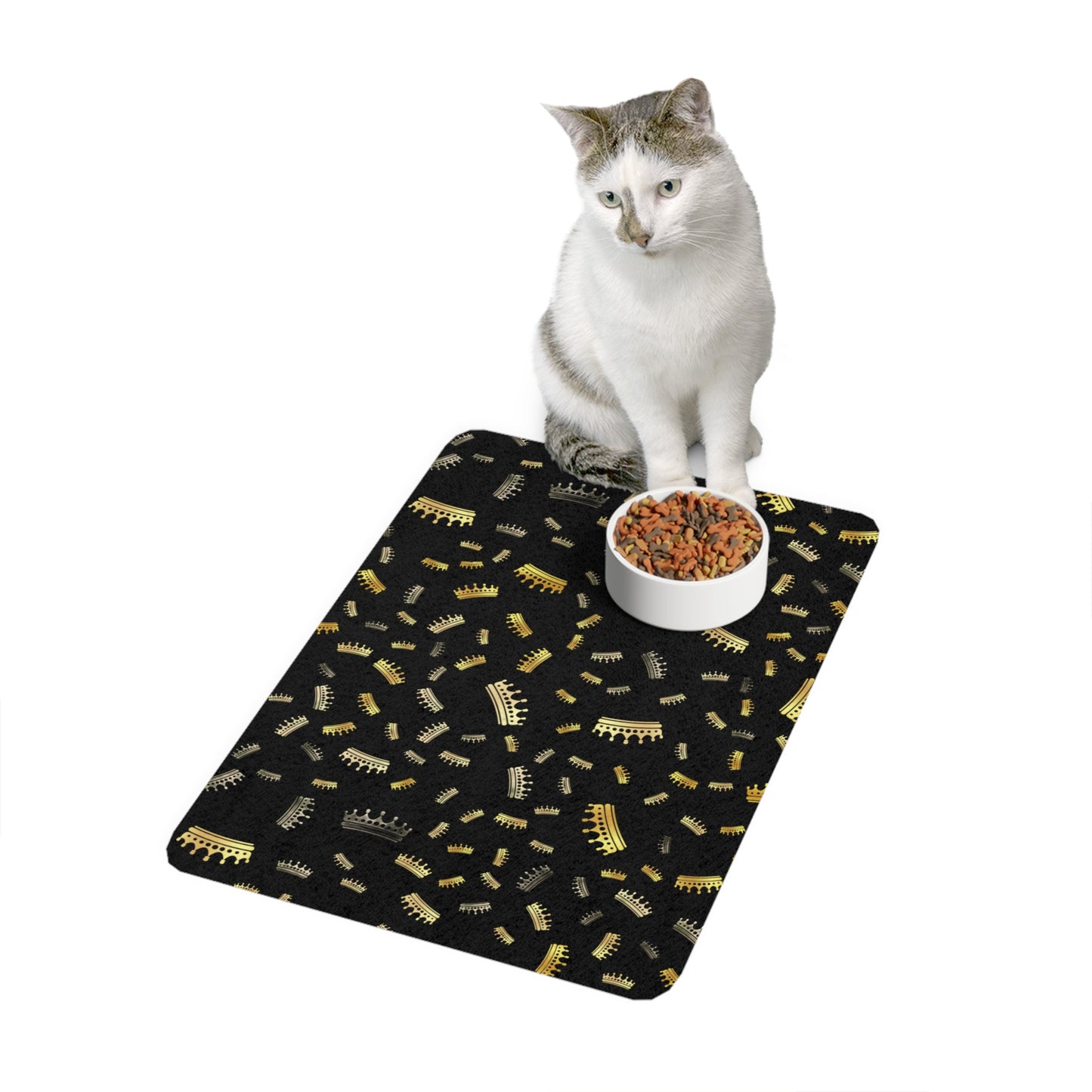 Crowned Confetti Pet Food Mat (12x18) — Non-Slip Royal Black Placemat for Dogs & Cats