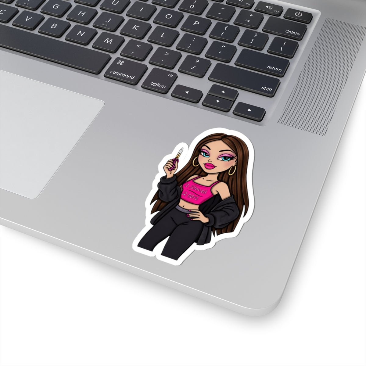 Chic Vaper Girl Kiss-Cut Sticker — Pink Crop Top Laptop Decal