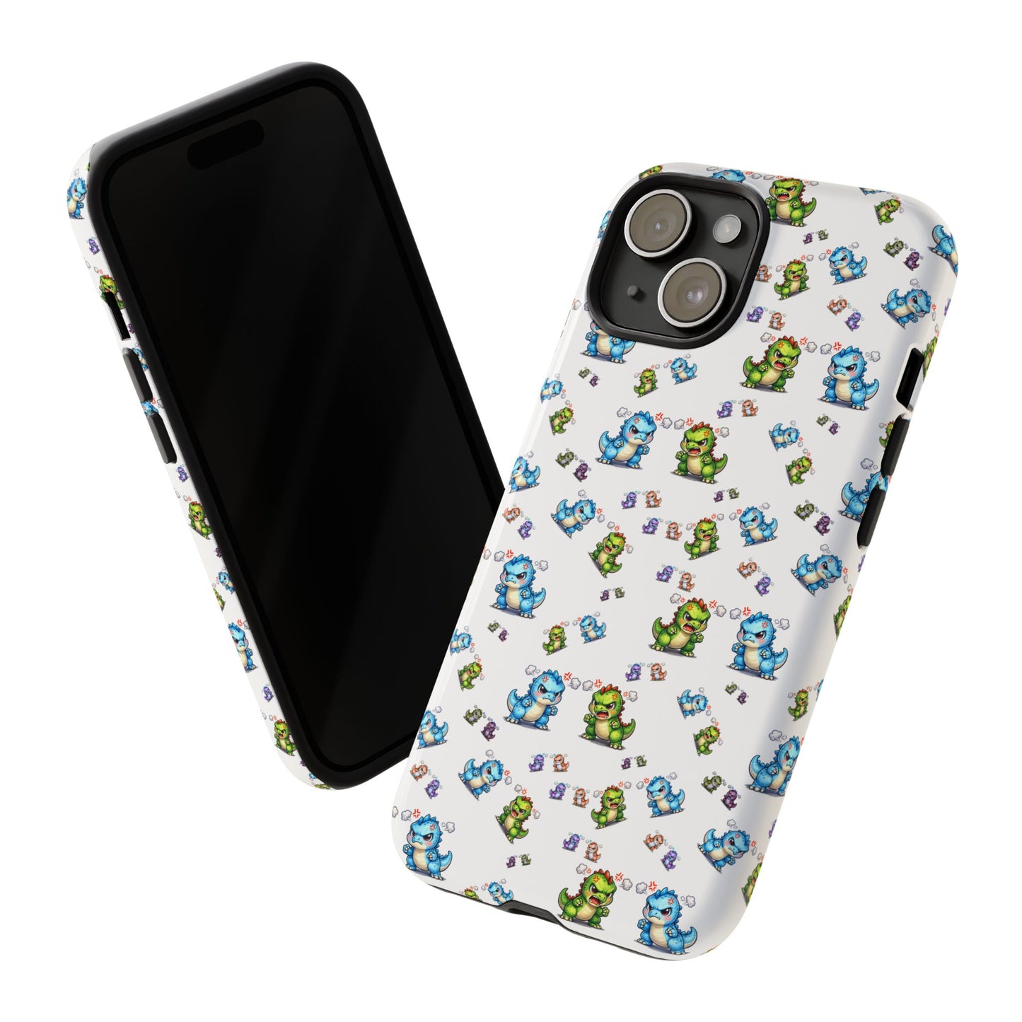 Cute Dino Pattern Phone Case — Cartoon Green & Blue Dino Tough Case, Protective iPhone Cover
