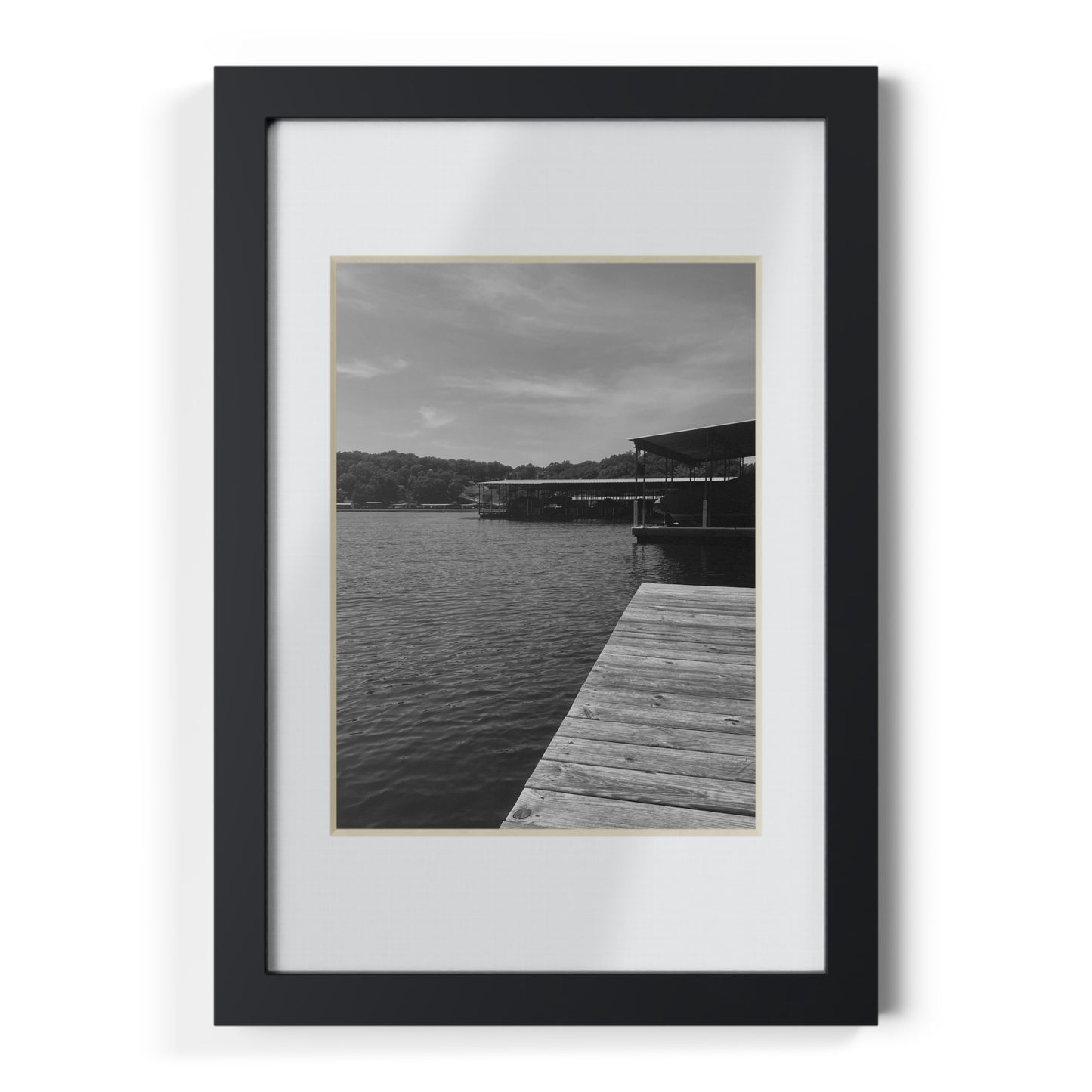 Black Framed Lake Dock Poster — Minimalist Monochrome Wall Art