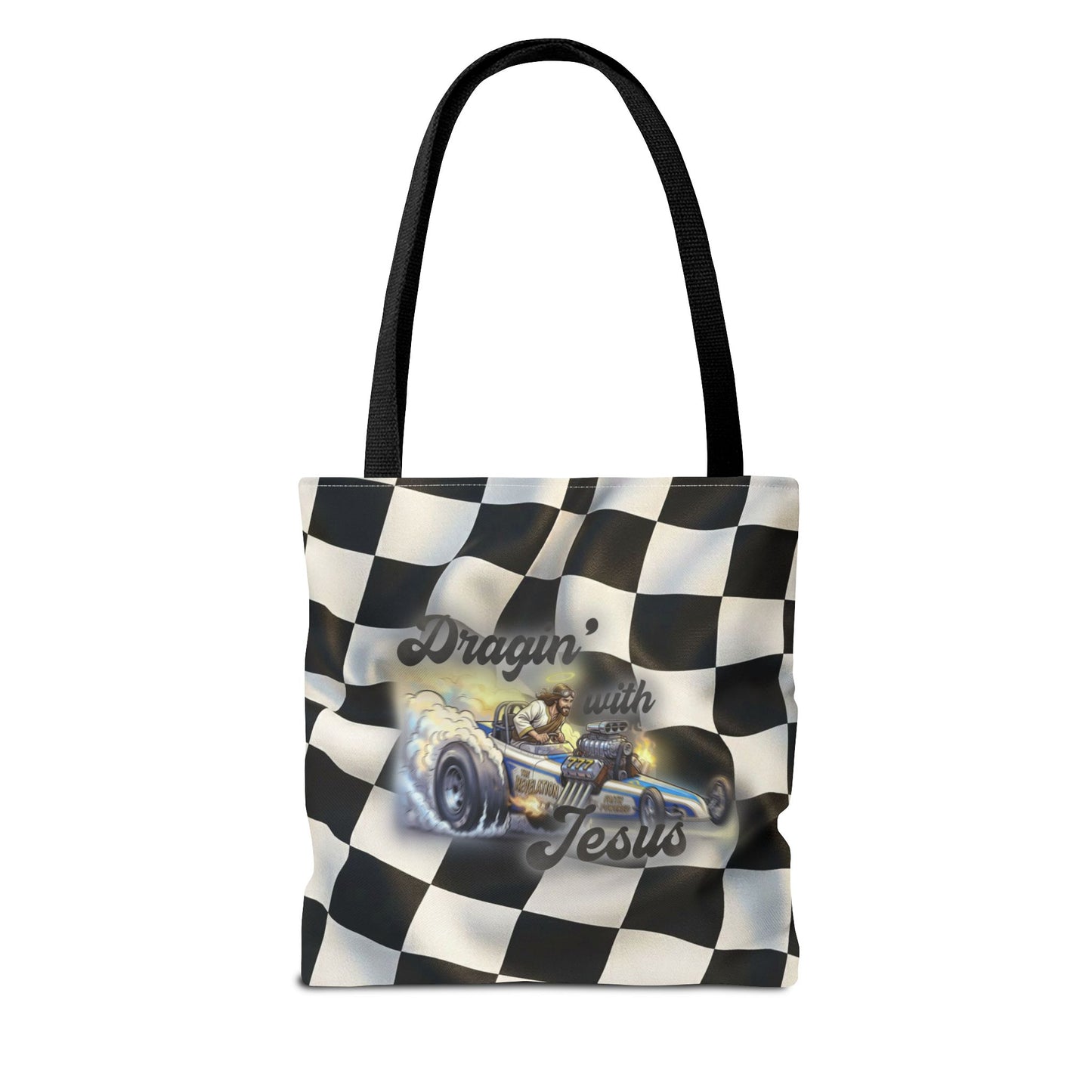 Dragin' Jesus Racing Tote Bag — Checkered Flag Vintage Hot Rod Tote