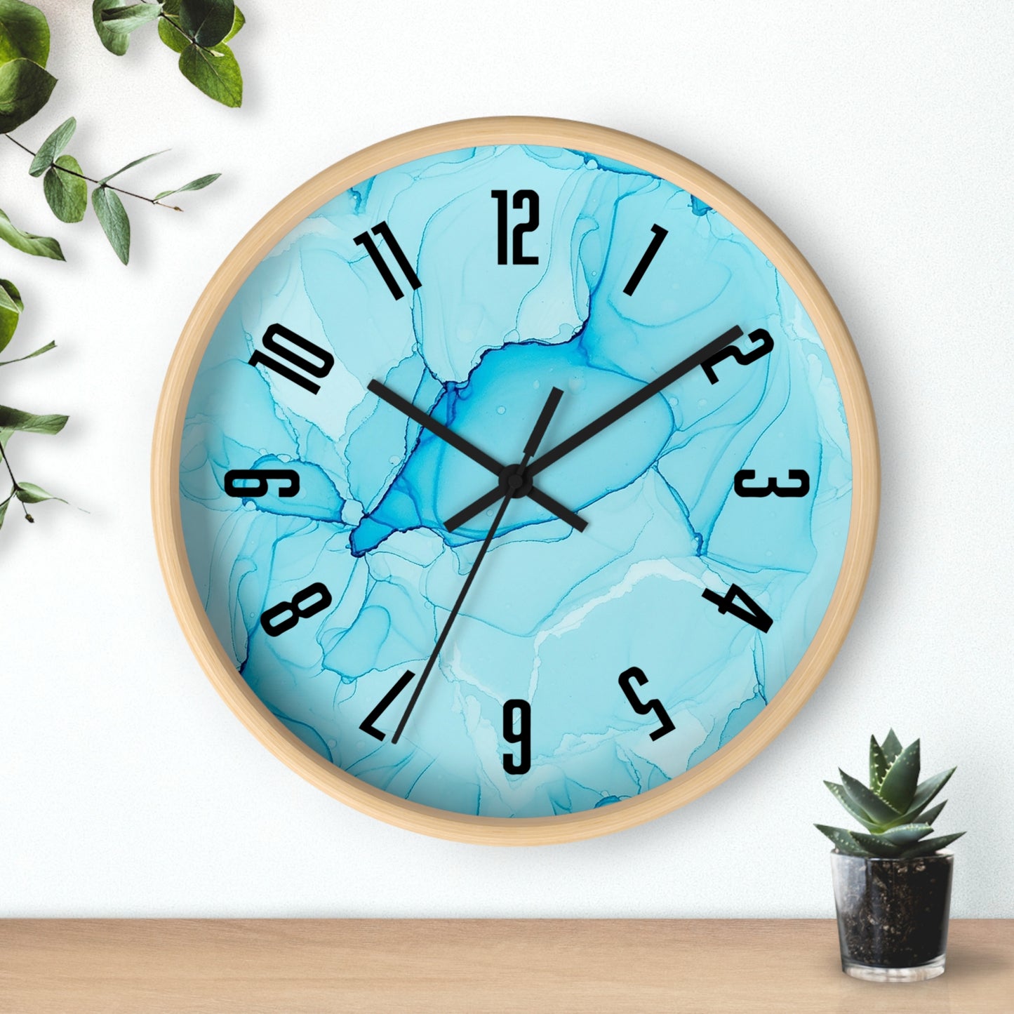 Blue Marble Wall Clock — Abstract Aqua Alcohol Ink Home Decor Clock