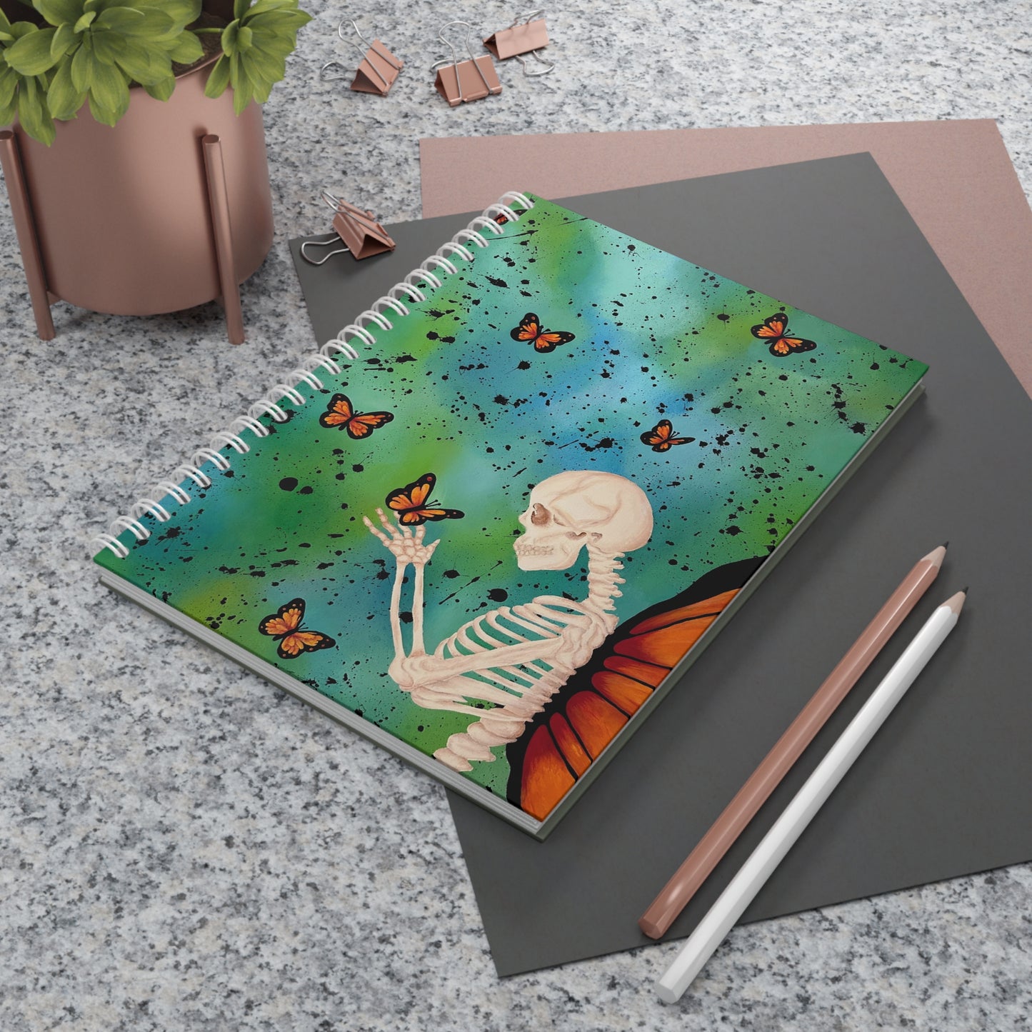 Skeleton & Monarch Butterflies Spiral Notebook — Gothic Nature Journal