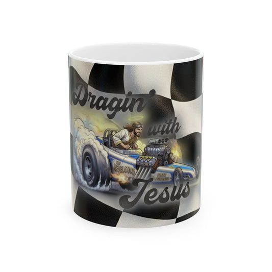 Dragin with Jesus Ceramic Mug — Racing Checkered Design with Faith Car Graphic (11oz/15oz)