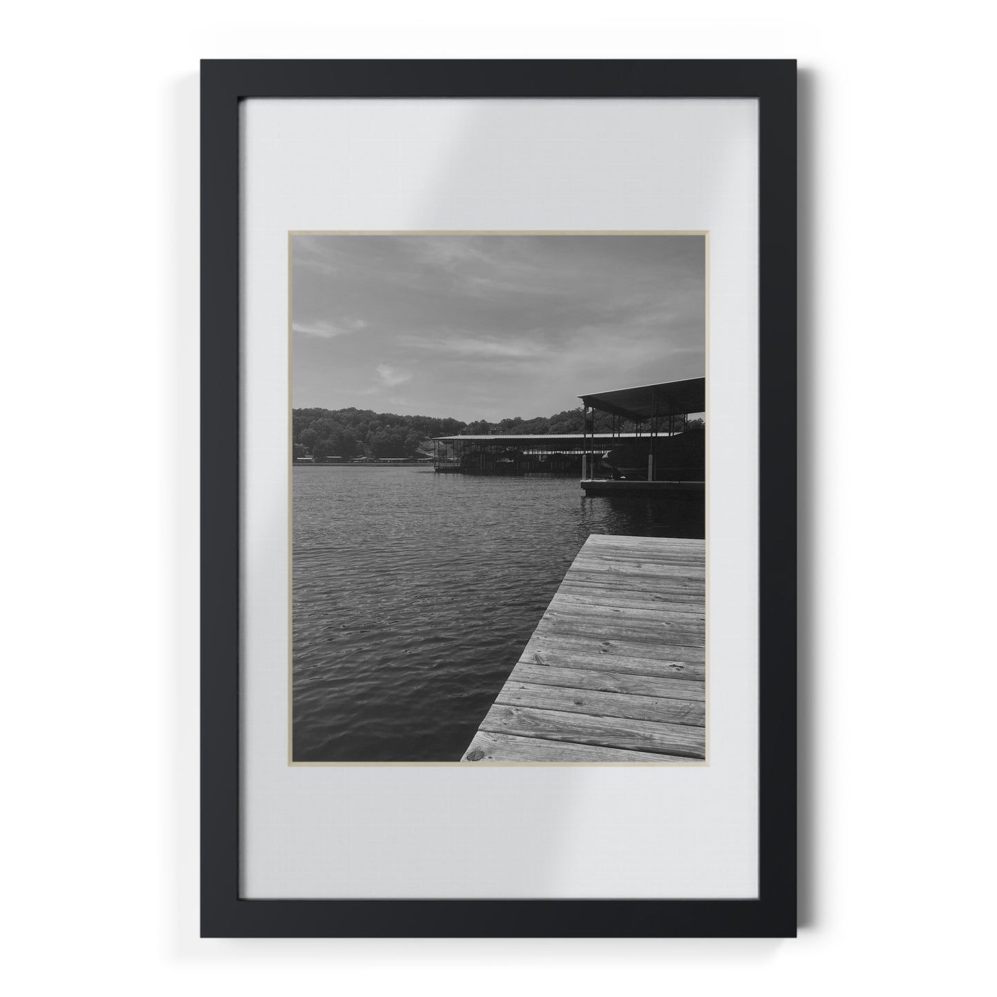 Black Framed Lake Dock Poster — Minimalist Monochrome Wall Art