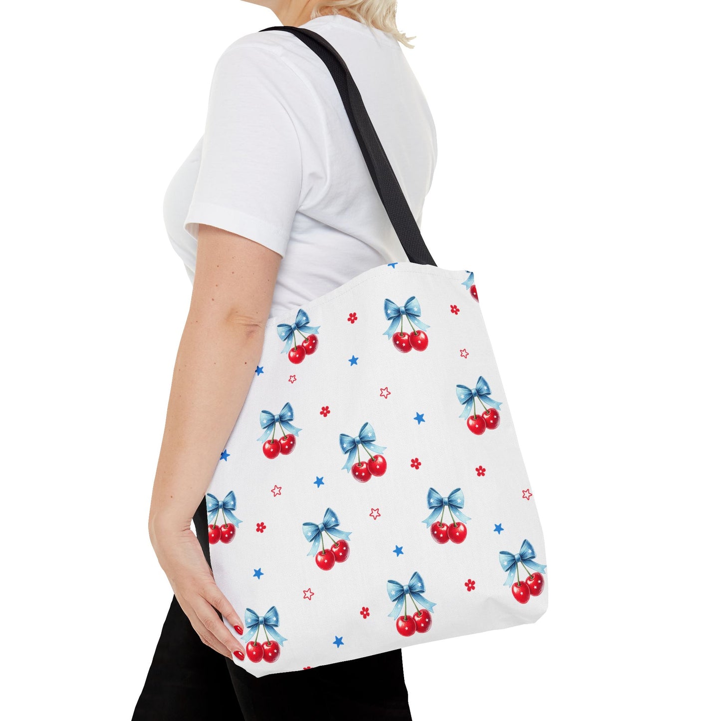 Cherry Bow Tote Bag — Cute Red Cherries with Blue Bows Patterned Shopper