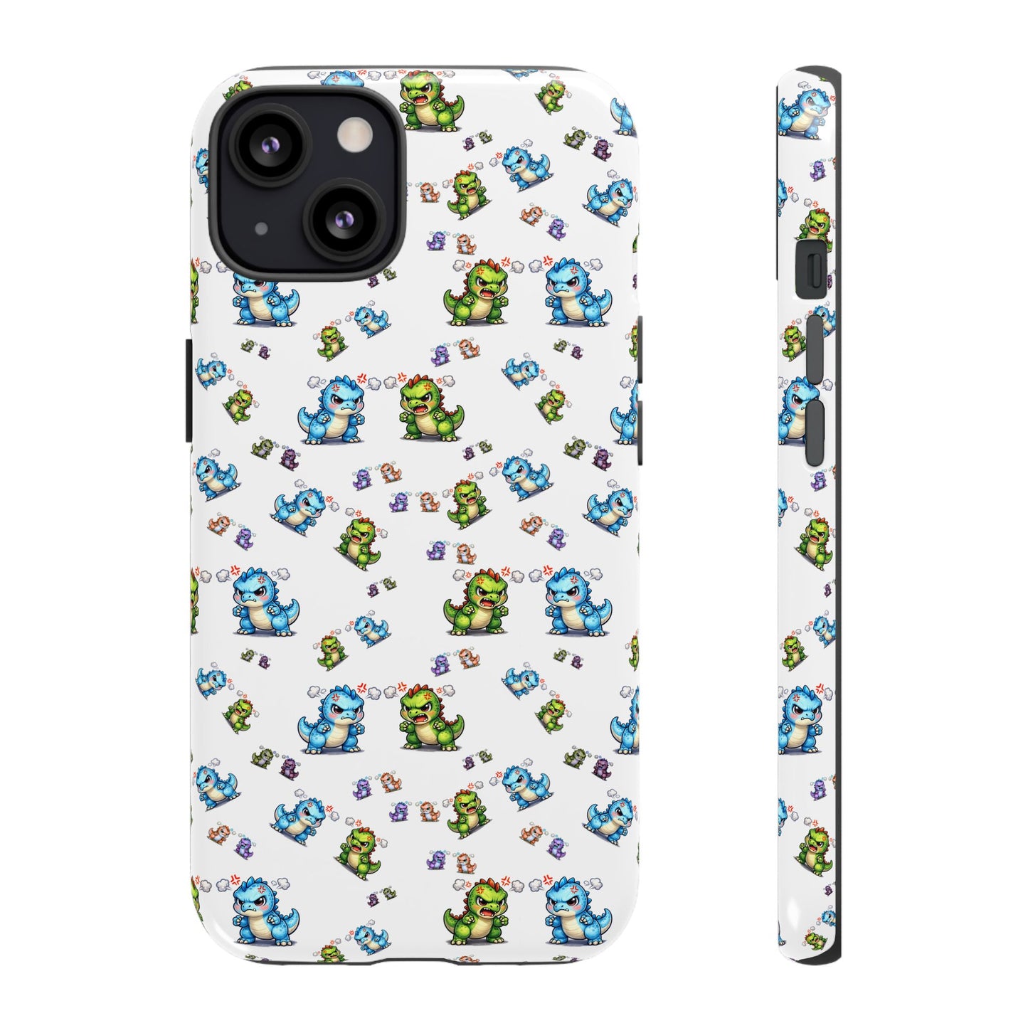 Cute Dino Pattern Phone Case — Cartoon Green & Blue Dino Tough Case, Protective iPhone Cover