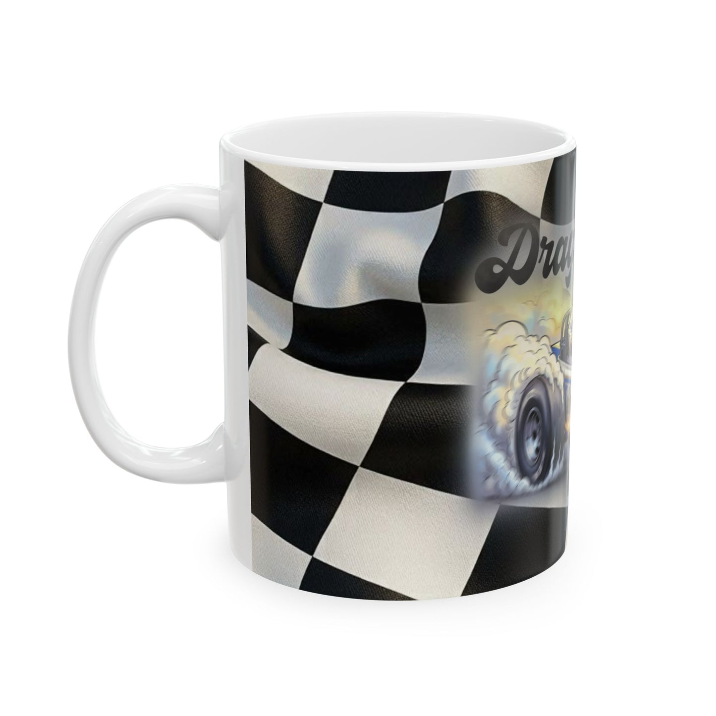 Dragin with Jesus Ceramic Mug — Racing Checkered Design with Faith Car Graphic (11oz/15oz)