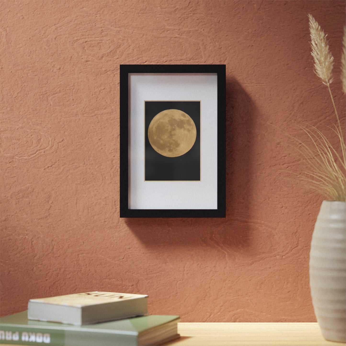 Moon Print Framed Poster — Gold Lunar Art in Black Frame