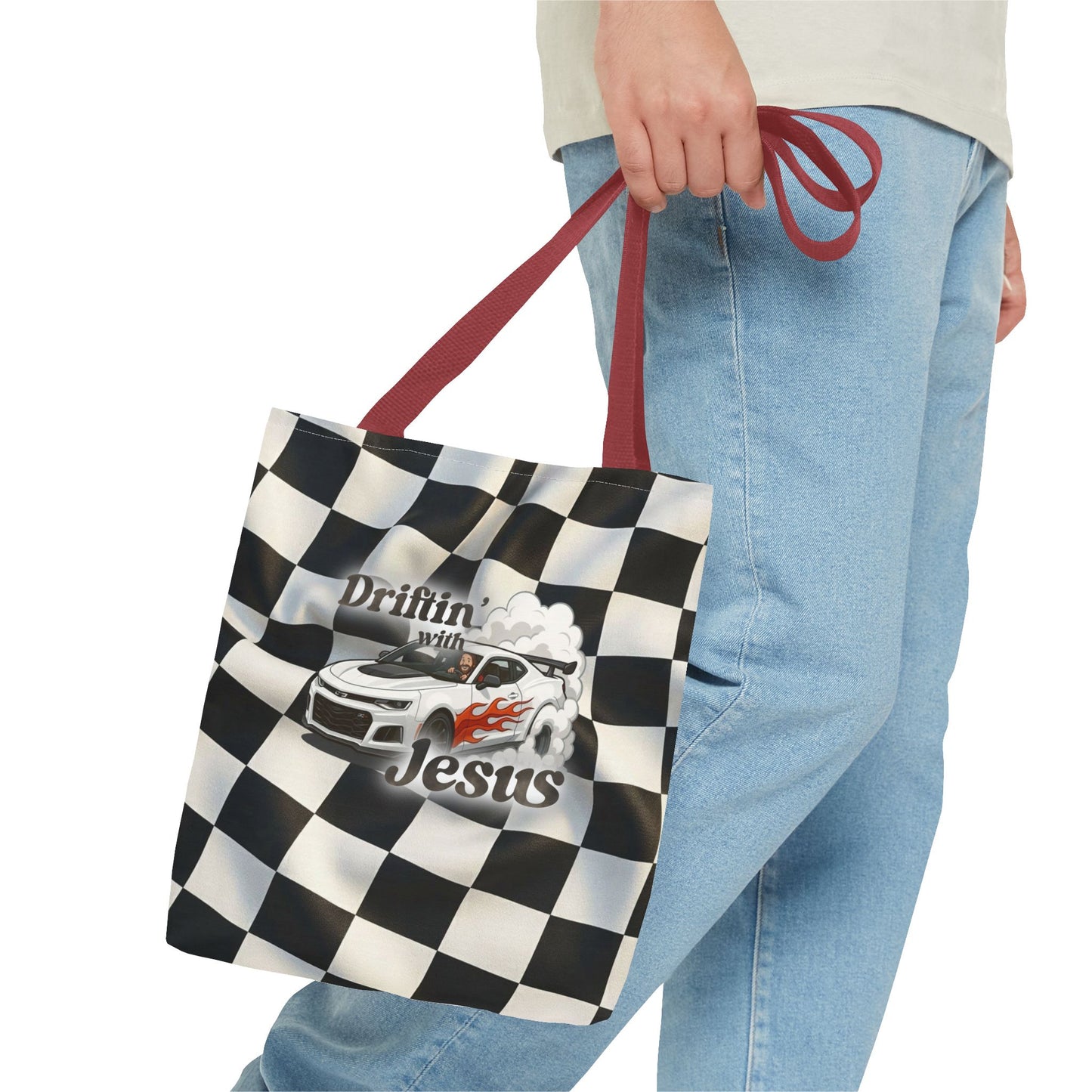 Driftin' with Jesus Racing Tote Bag - Checkered Flag Christian Car Gift