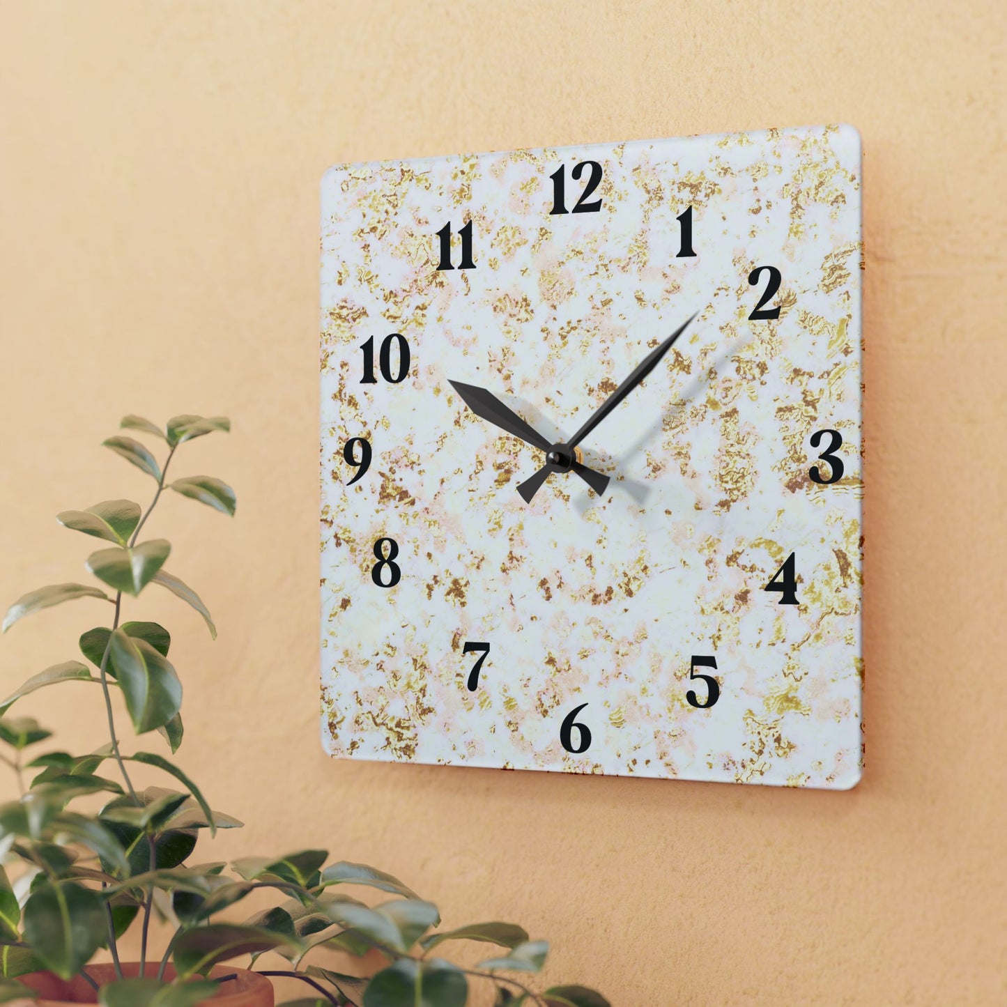 Marble Accent Acrylic Wall Clock — Elegant Gold Fleck Home Decor