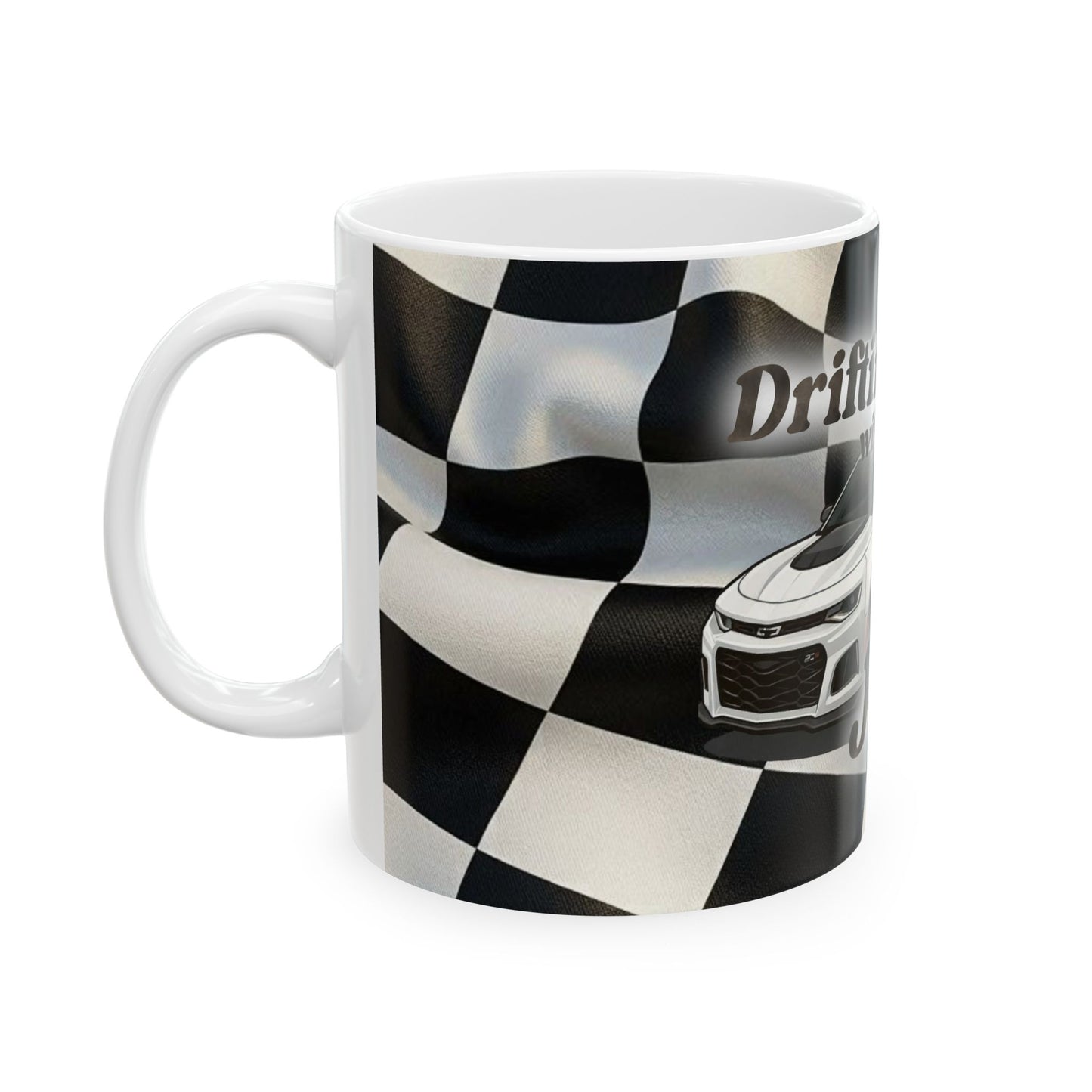 Driftin' with Jesus Ceramic Mug — Racing Checkered Design with Faith Car Graphic (11oz/15oz)