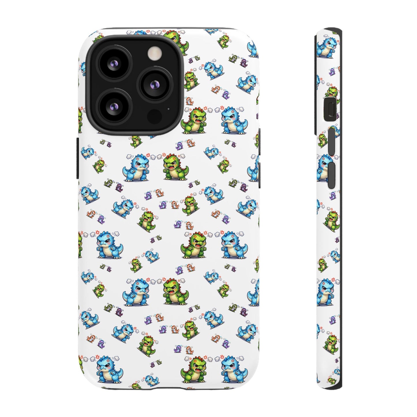 Cute Dino Pattern Phone Case — Cartoon Green & Blue Dino Tough Case, Protective iPhone Cover