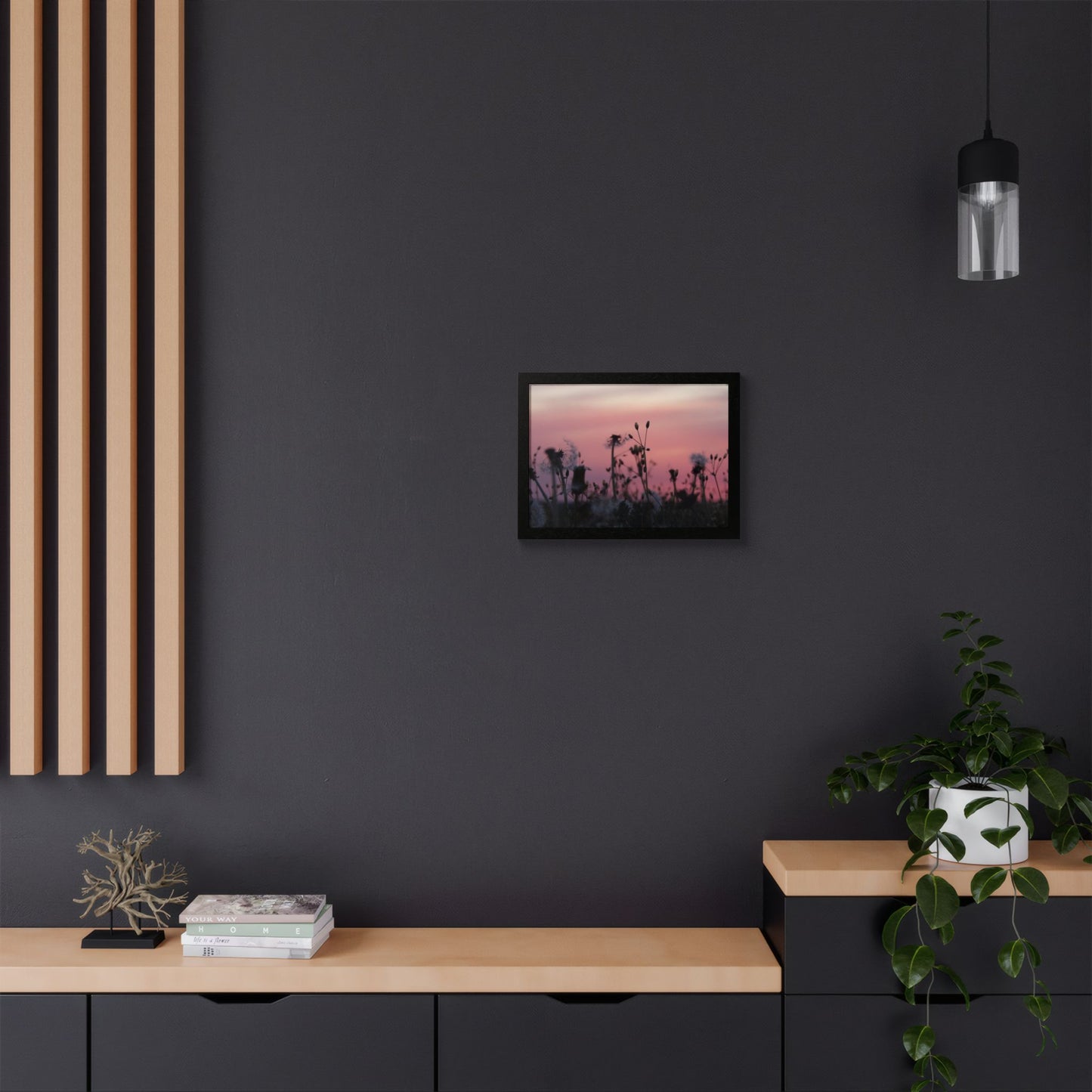 Sunset Meadow Framed Poster — Pink Sky Wildflower Wall Art