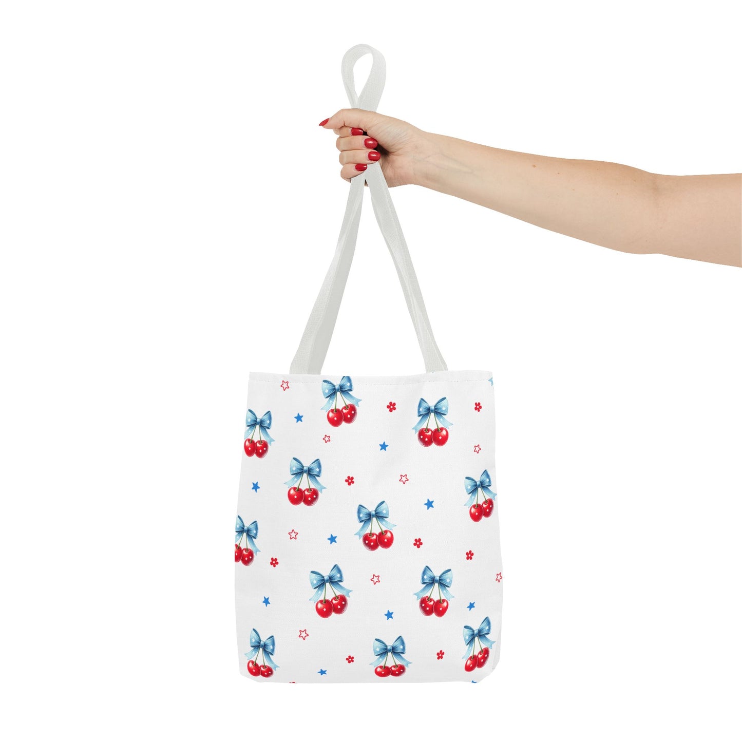 Cherry Bow Tote Bag — Cute Red Cherries with Blue Bows Patterned Shopper
