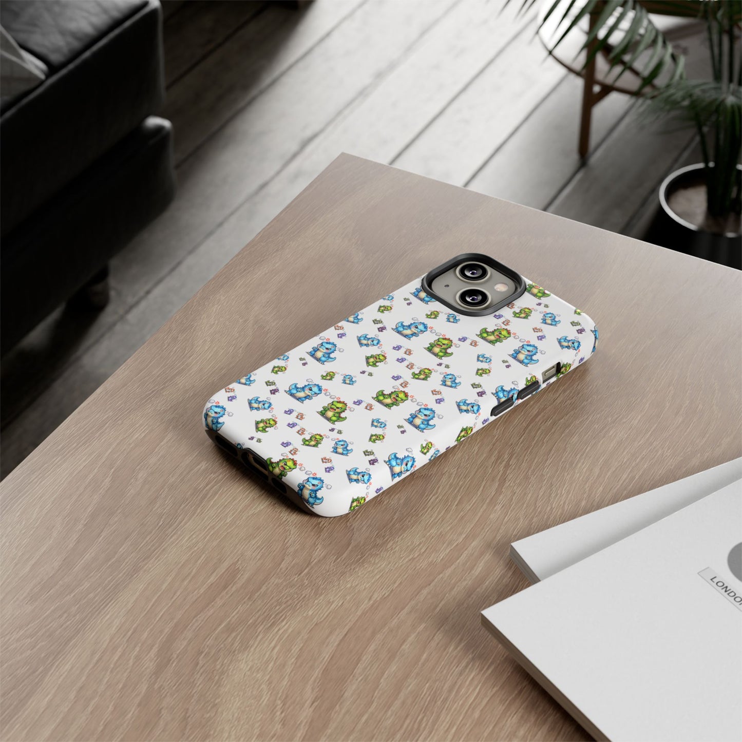 Cute Dino Pattern Phone Case — Cartoon Green & Blue Dino Tough Case, Protective iPhone Cover