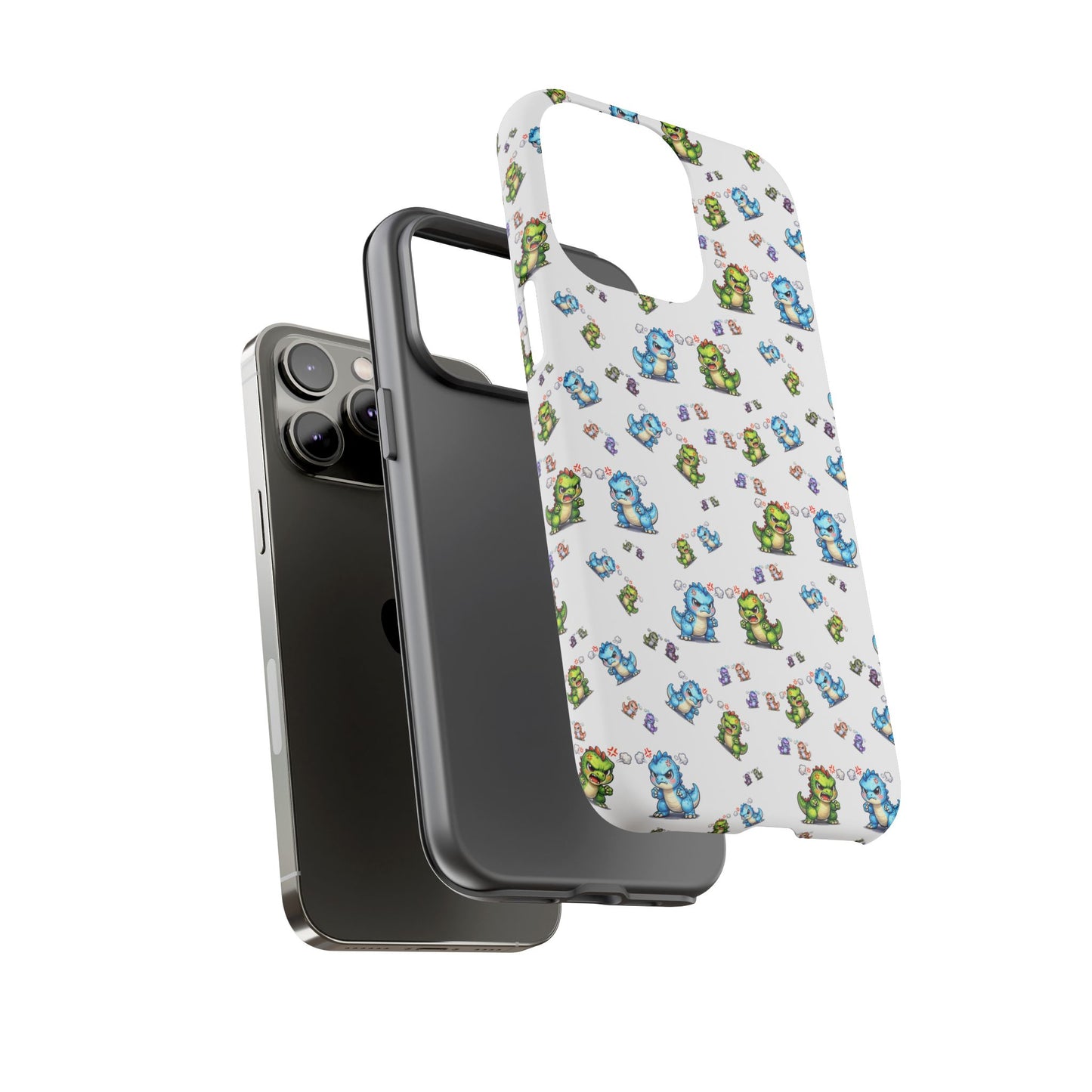 Cute Dino Pattern Phone Case — Cartoon Green & Blue Dino Tough Case, Protective iPhone Cover