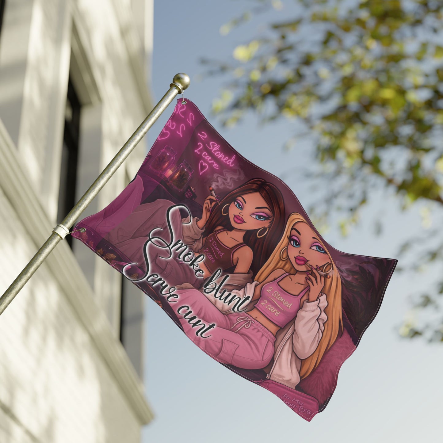 Double-Sided Flag - 'Smoke blunt Serve cunt' Pink Stoner Girl Decorative Garden Banner