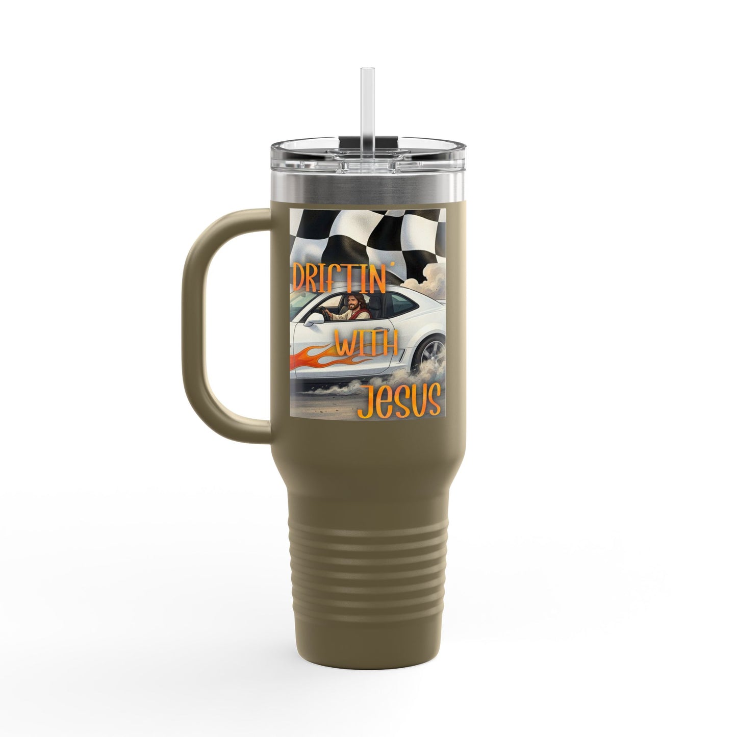 40oz Insulated Travel Mug — Vintage Race Car on Checkered Flag