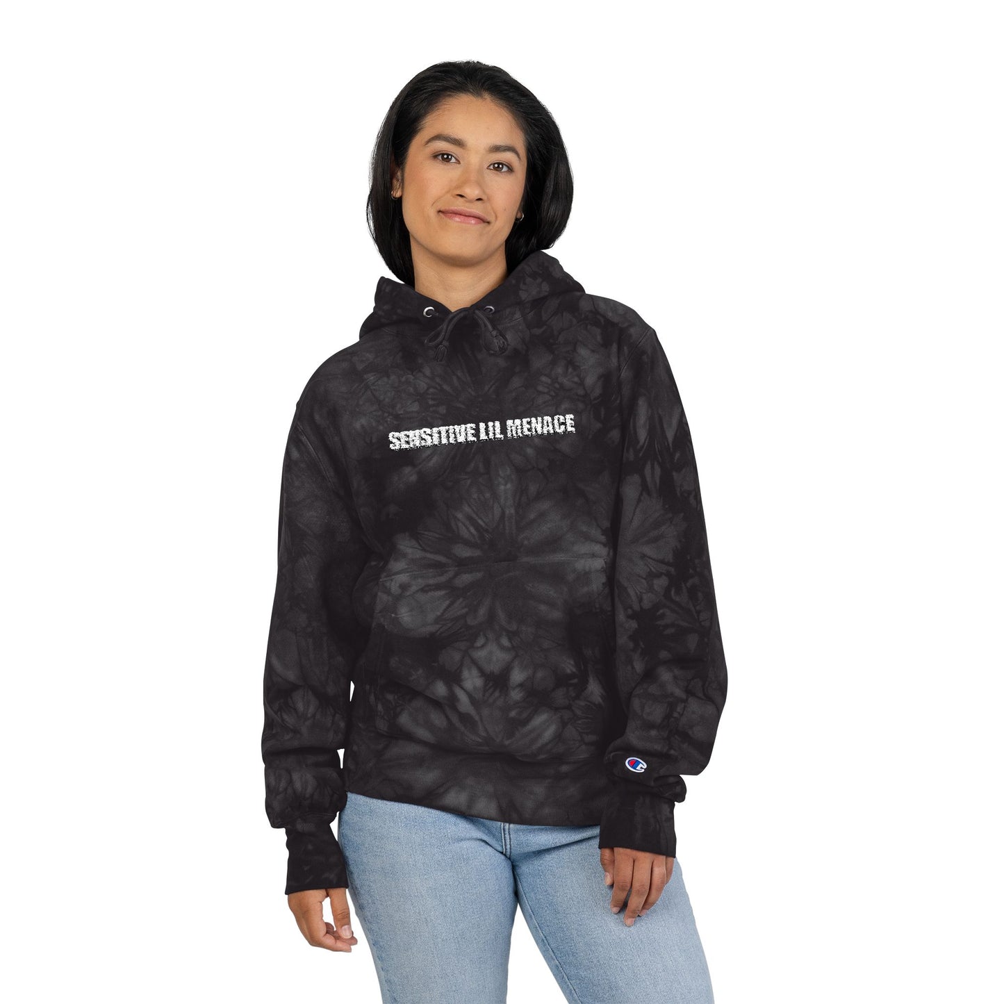 Tie-Dye Embroidered Hoodie — 'Sensitive lil menace' Champion Pullover