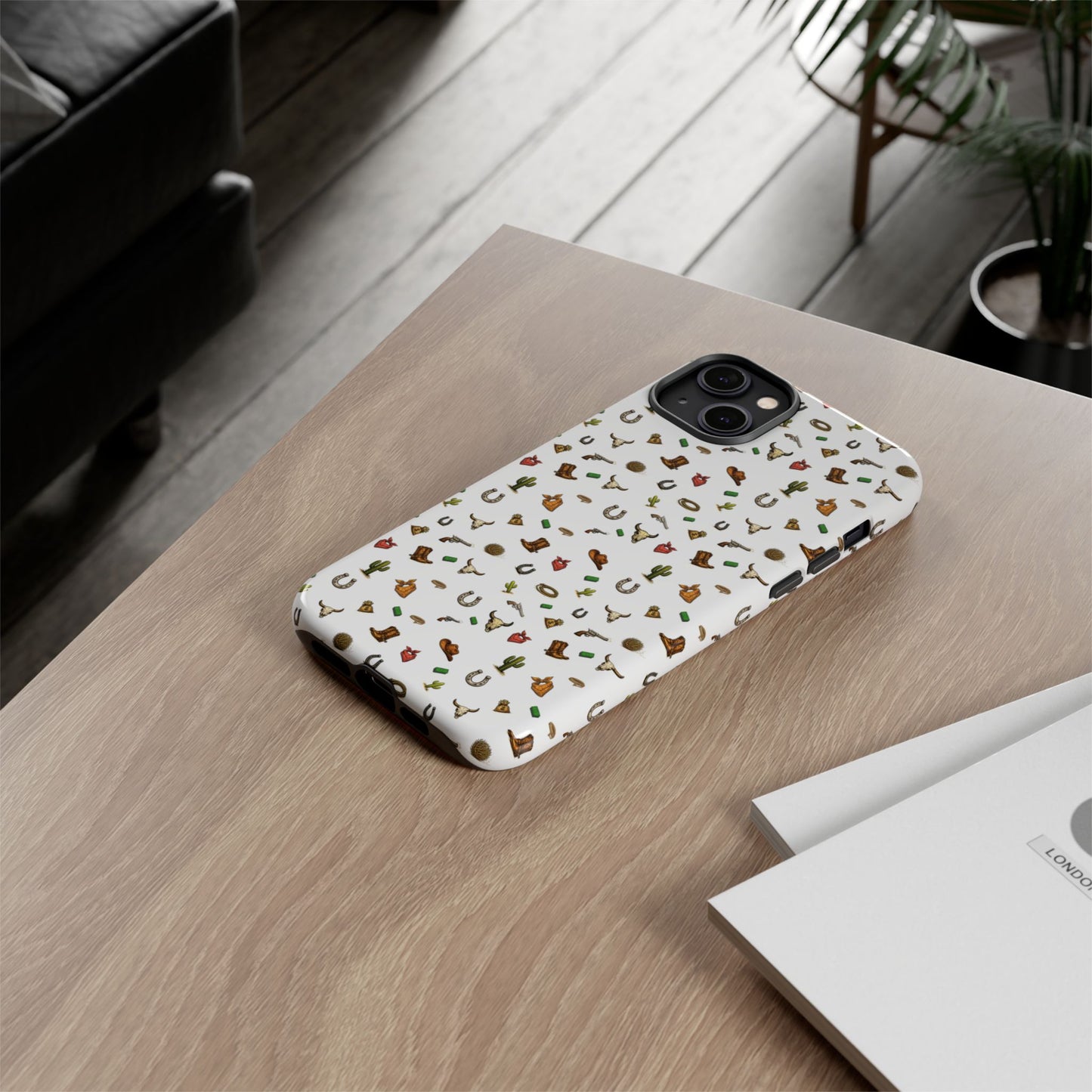 Western Cowboy Pattern Phone Case — Rodeo Hat, Horseshoe & Cactus Tough Case
