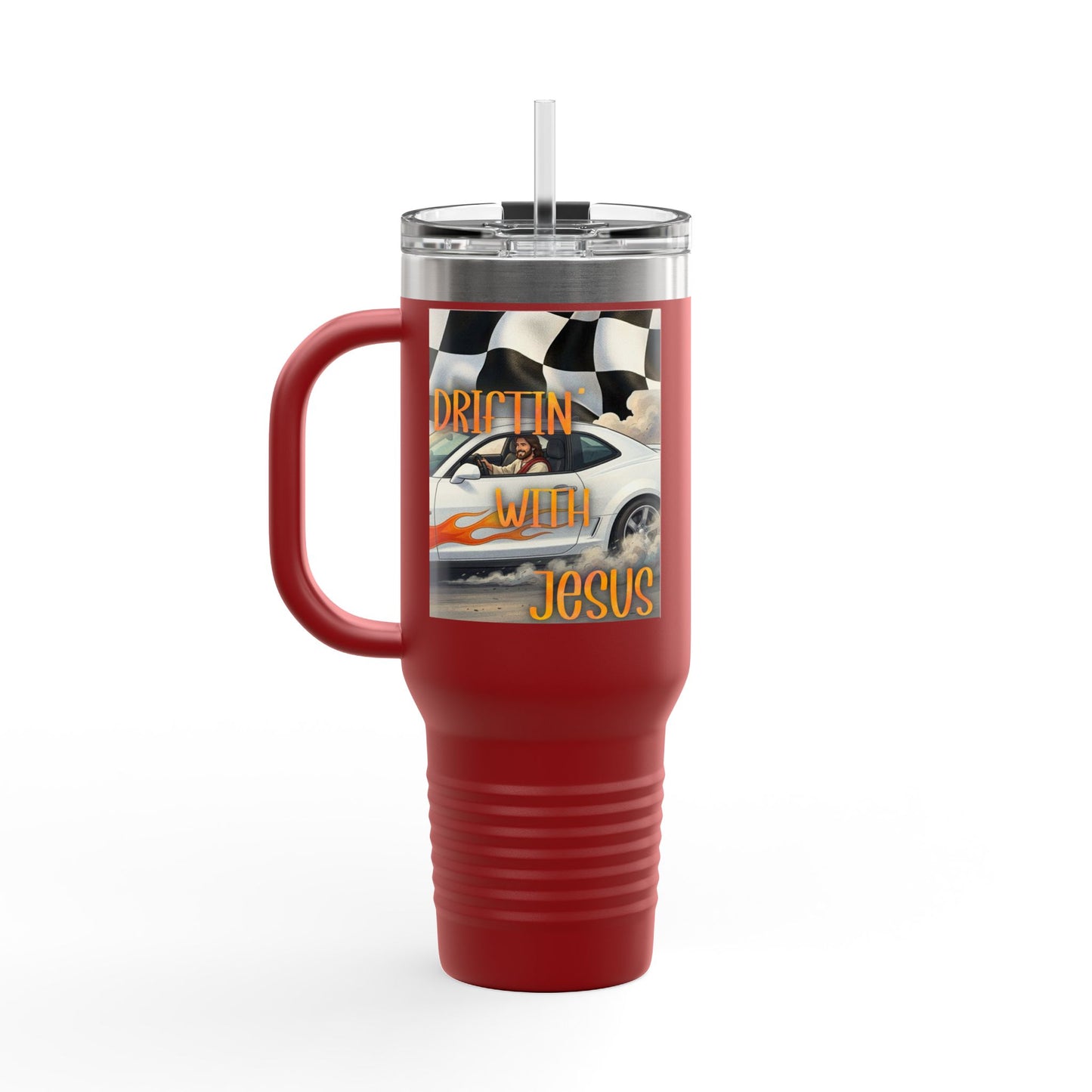 40oz Insulated Travel Mug — Vintage Race Car on Checkered Flag