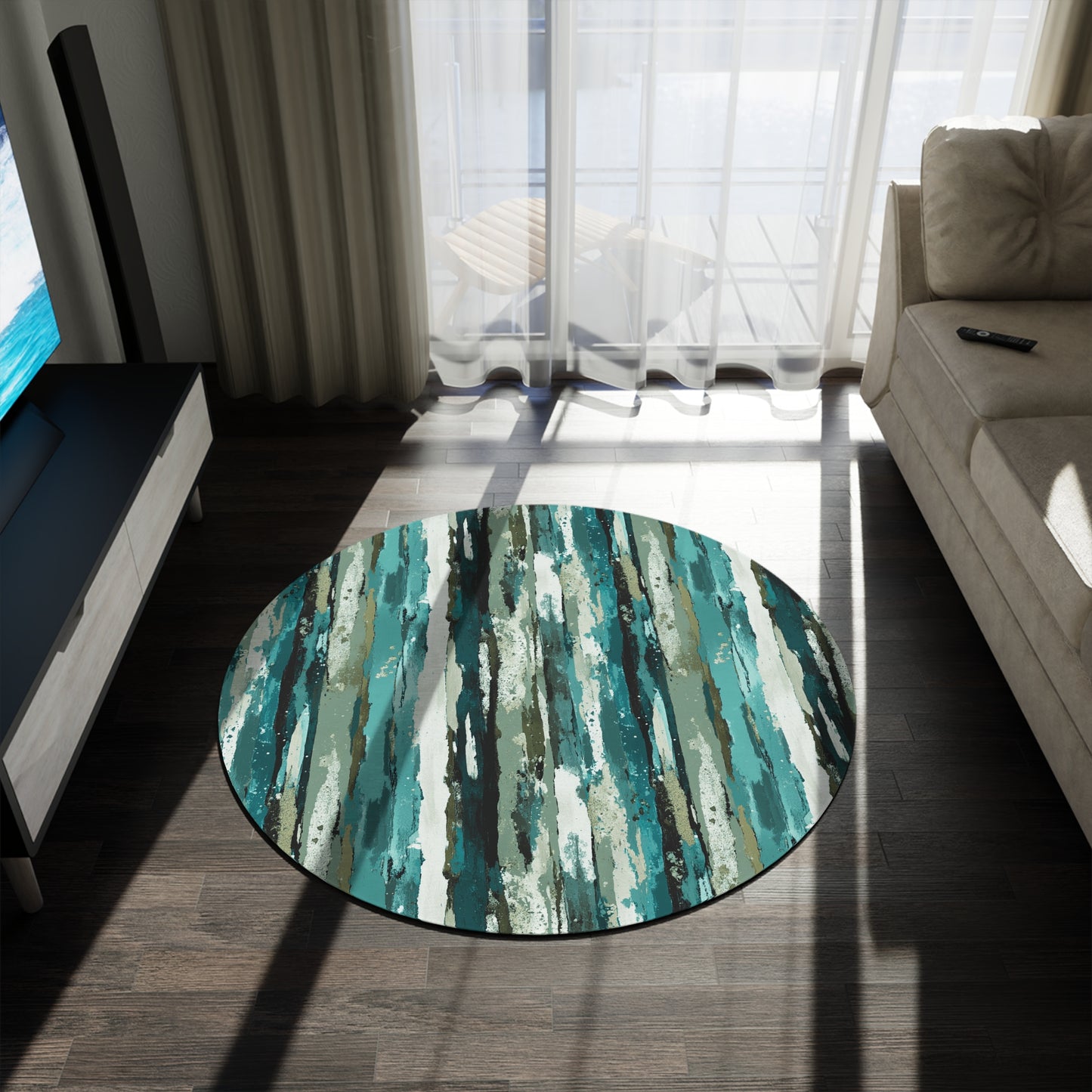 Abstract Teal Stripe Round Rug — Modern Coastal Accent Rug
