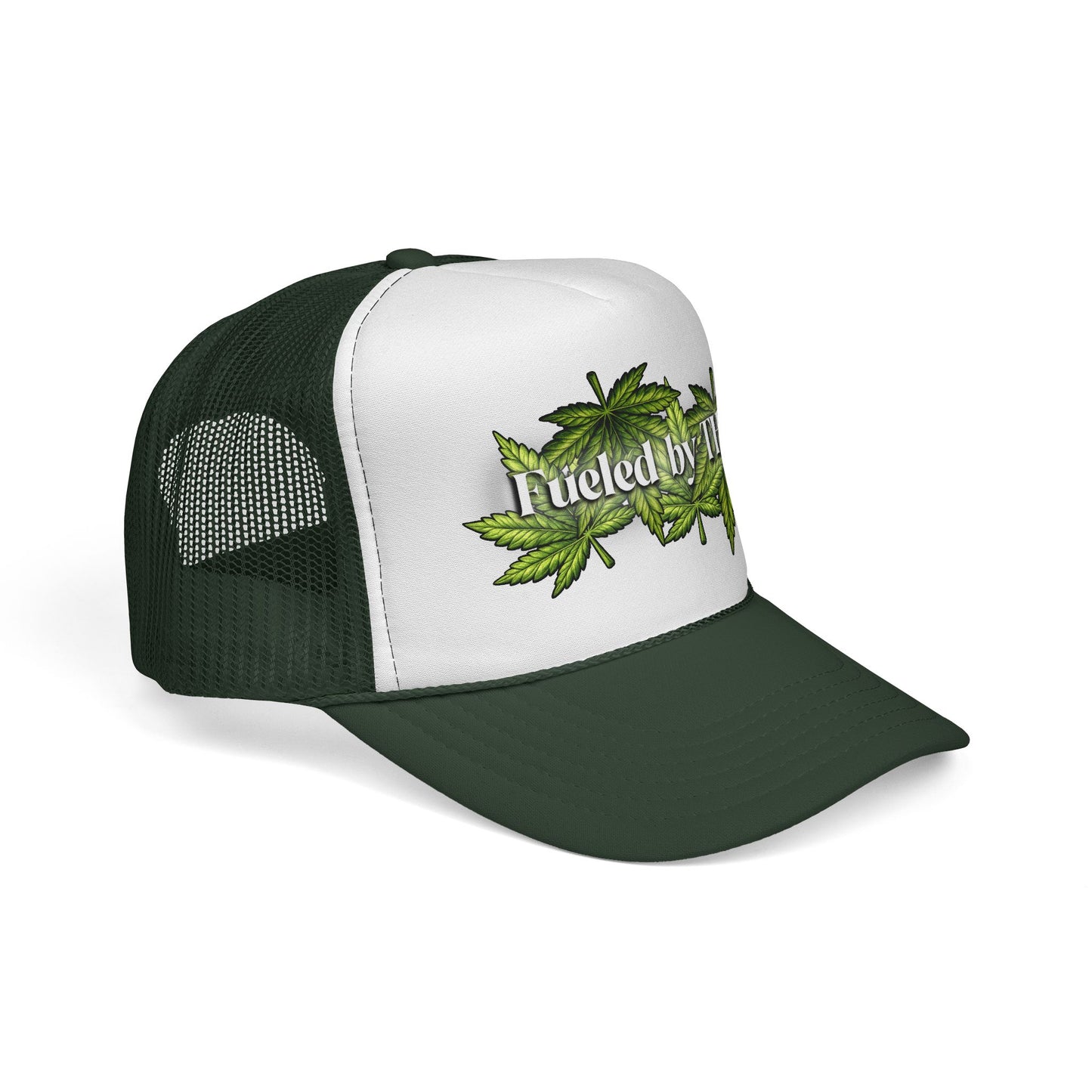 Trucker Cap — "Fueled by THC" Leaf Graphic Mesh Hat