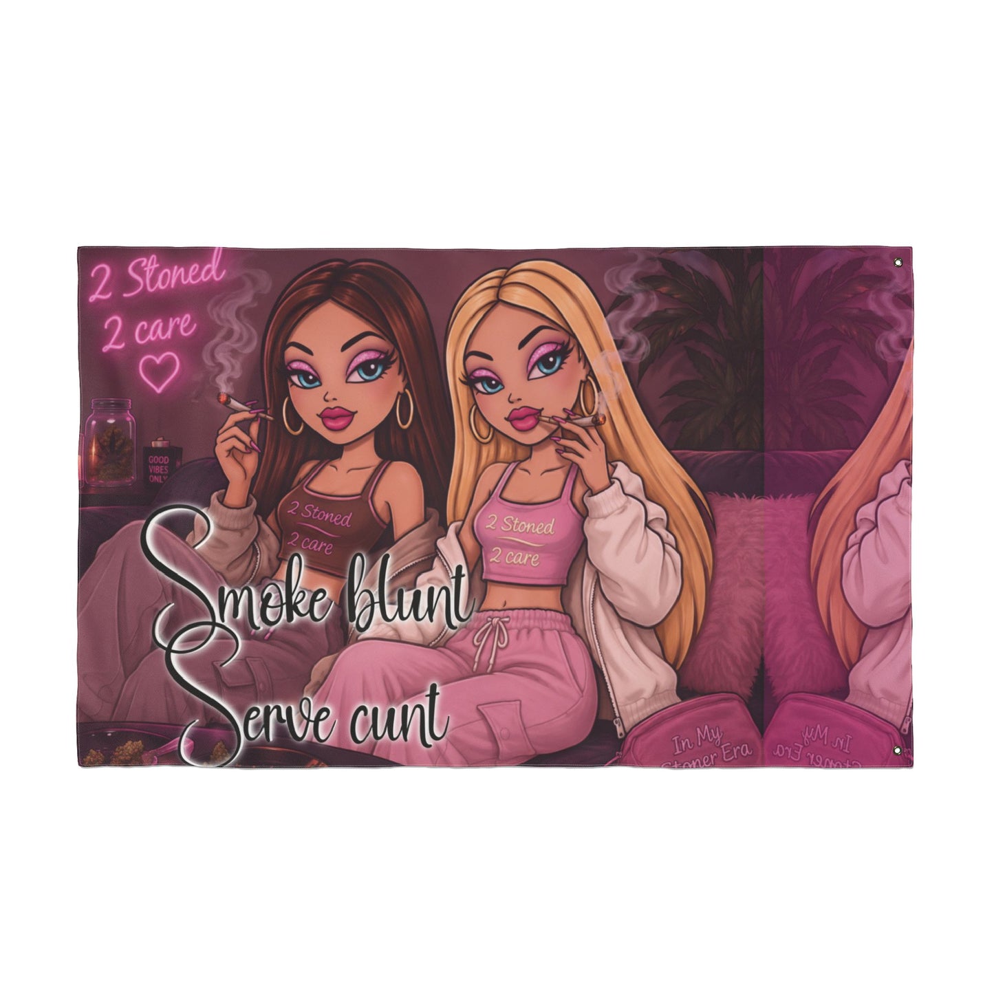 Double-Sided Flag - 'Smoke blunt Serve cunt' Pink Stoner Girl Decorative Garden Banner