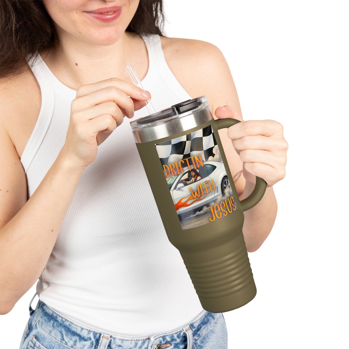 40oz Insulated Travel Mug — Vintage Race Car on Checkered Flag