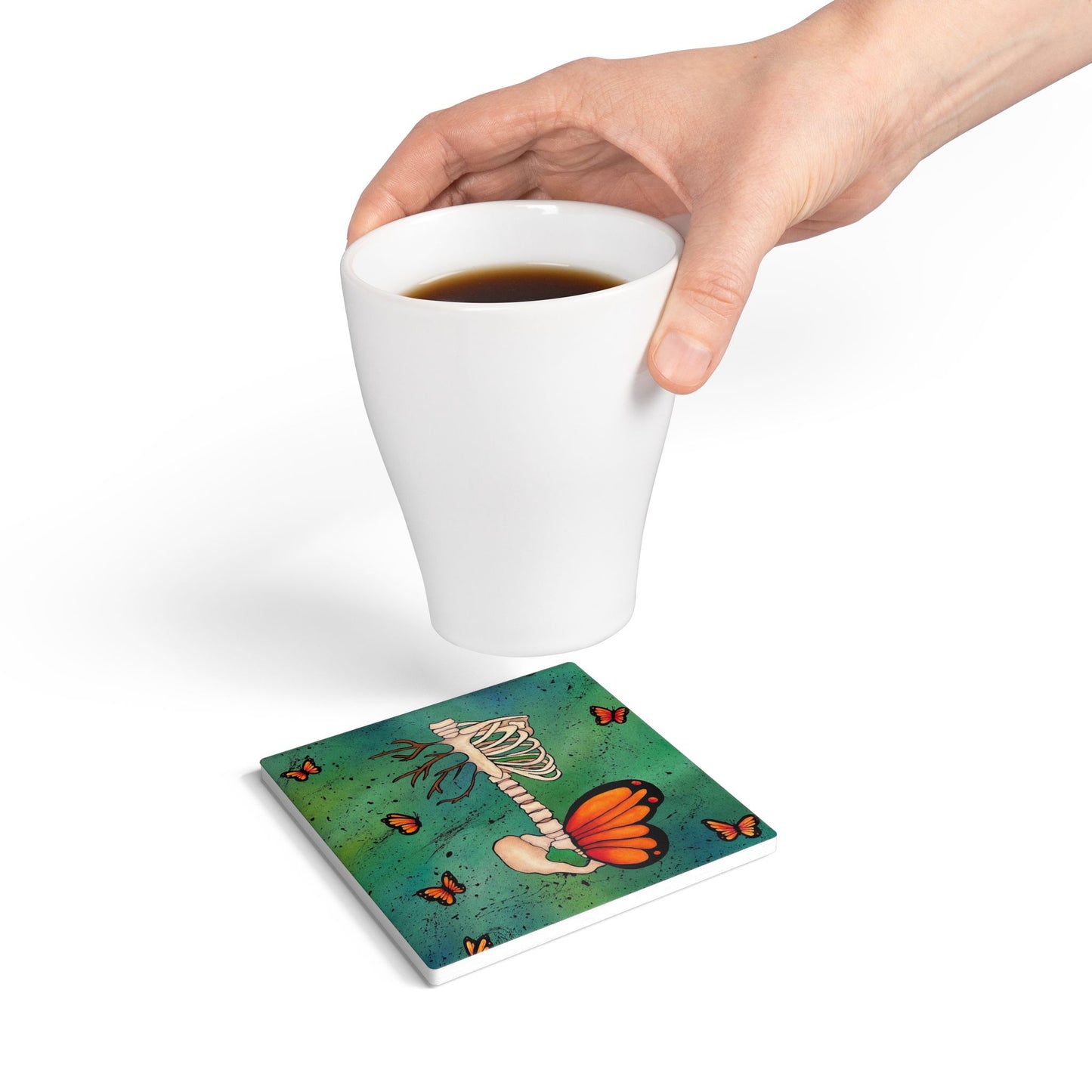 Skeleton & Monarch Butterfly Ceramic Coaster — Gothic Nature Drink Coaster