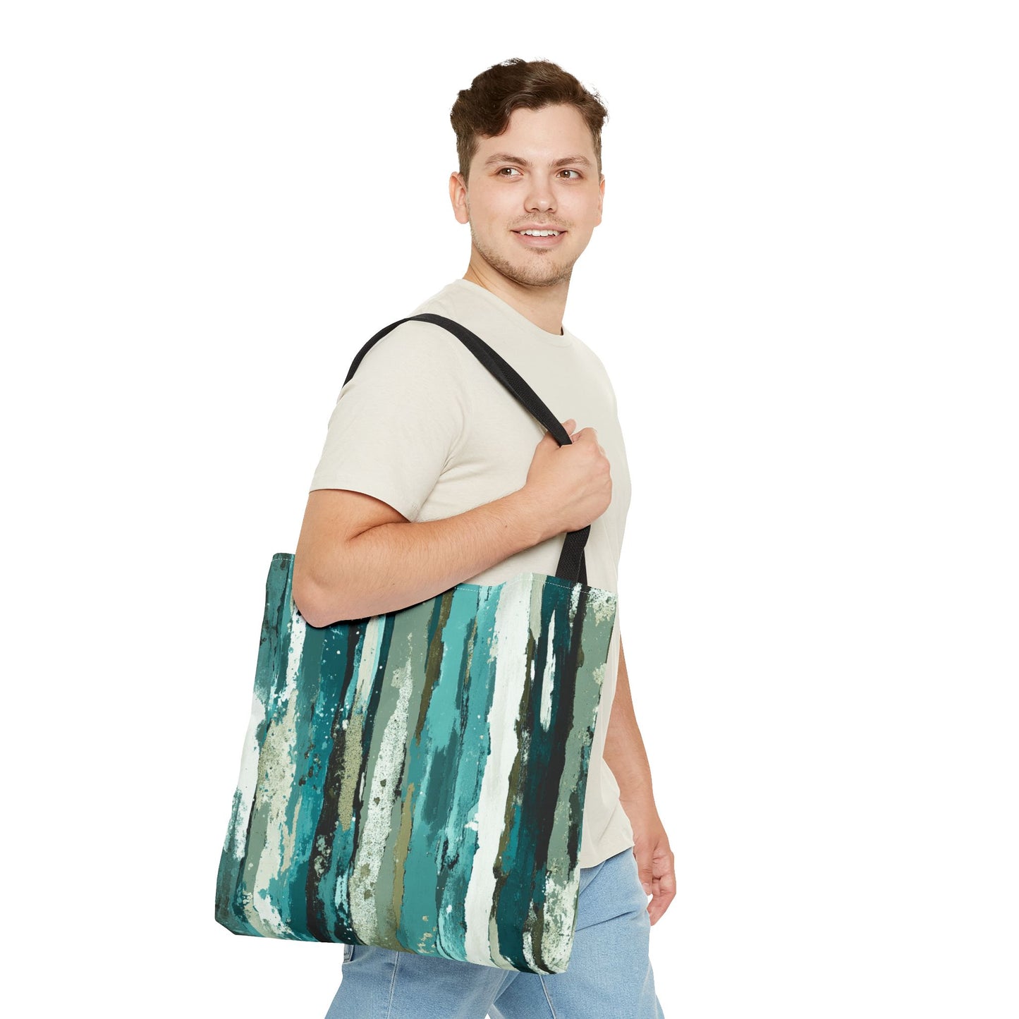 Abstract Teal Stripes Tote Bag — Vertical Brushstroke Pattern