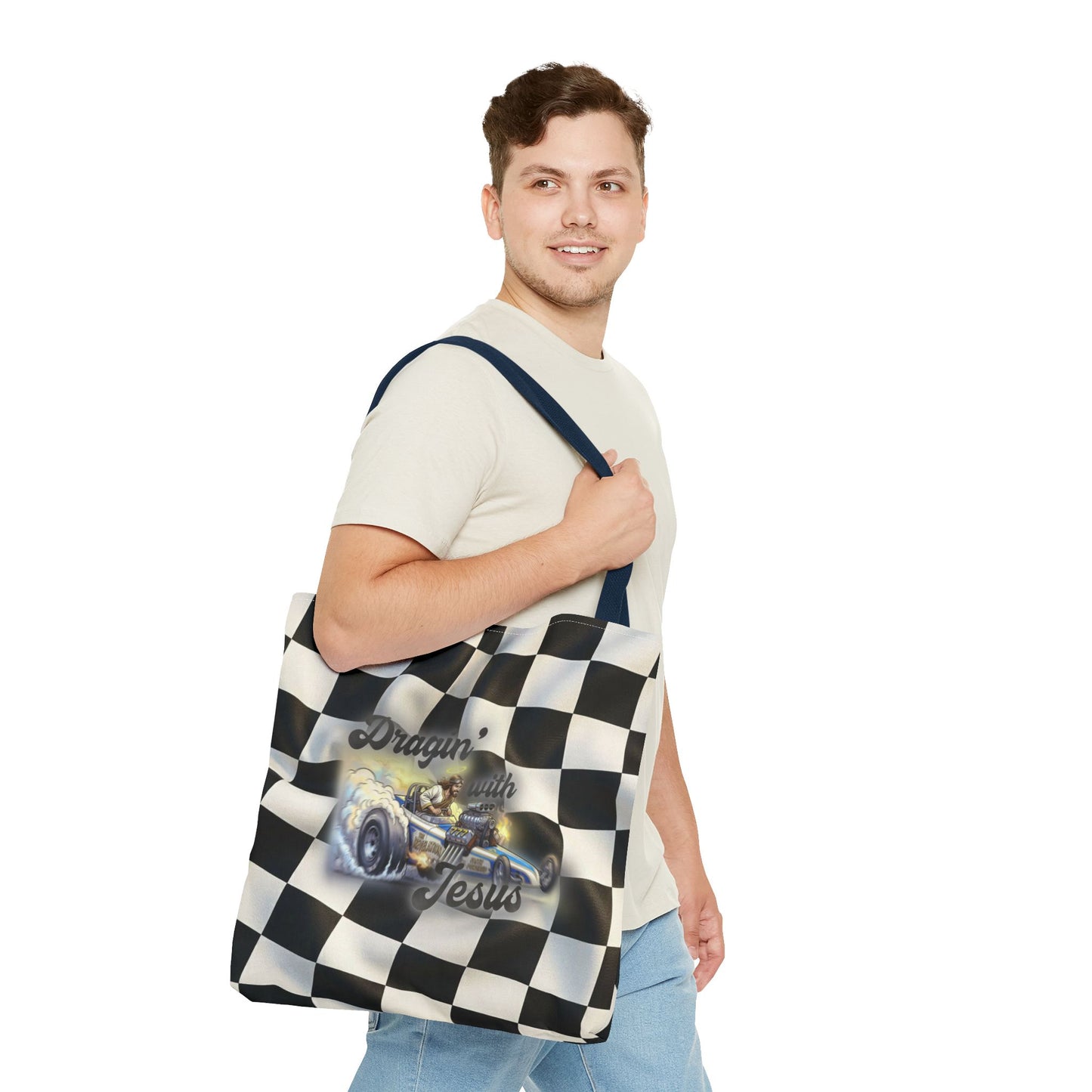 Dragin' Jesus Racing Tote Bag — Checkered Flag Vintage Hot Rod Tote