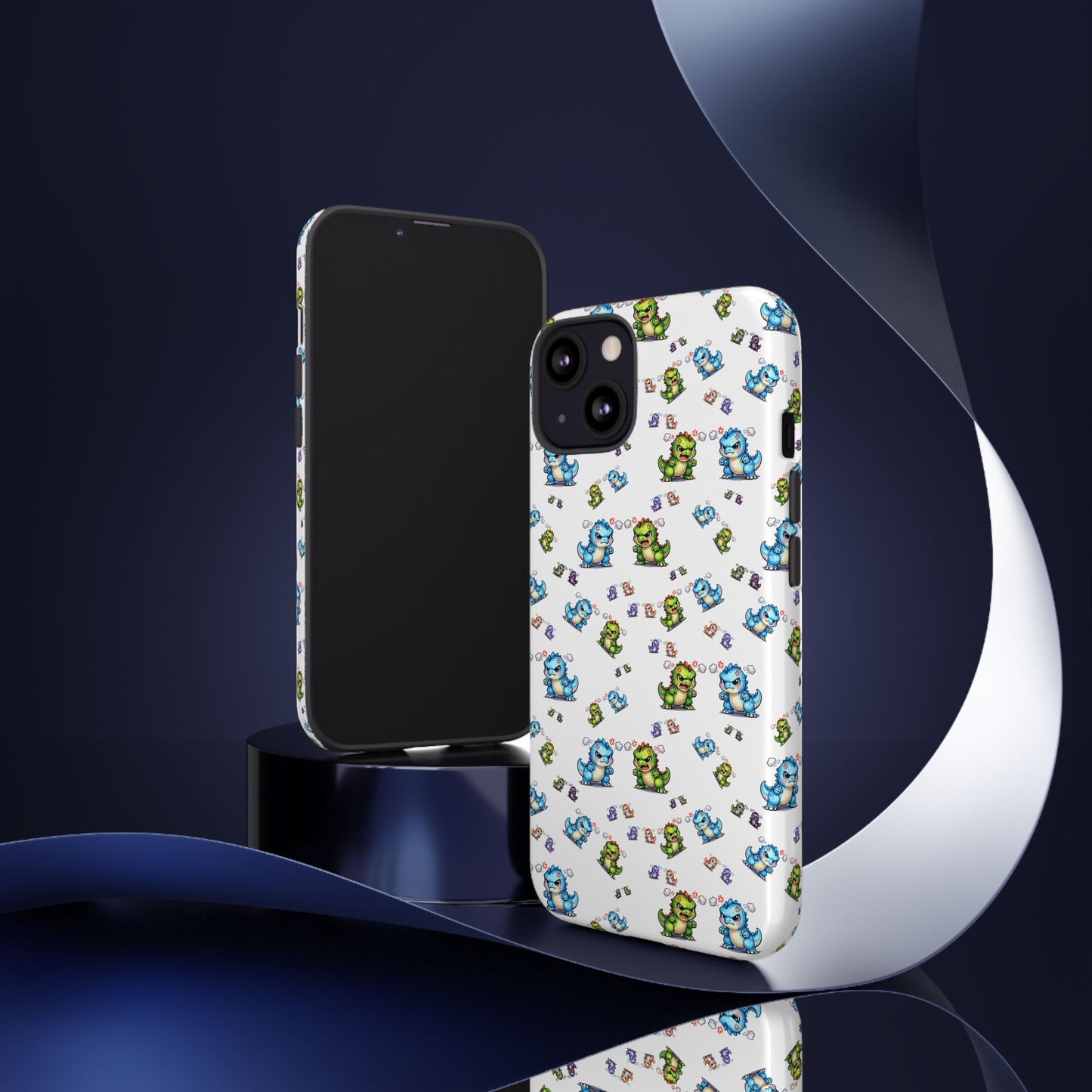 Cute Dino Pattern Phone Case — Cartoon Green & Blue Dino Tough Case, Protective iPhone Cover