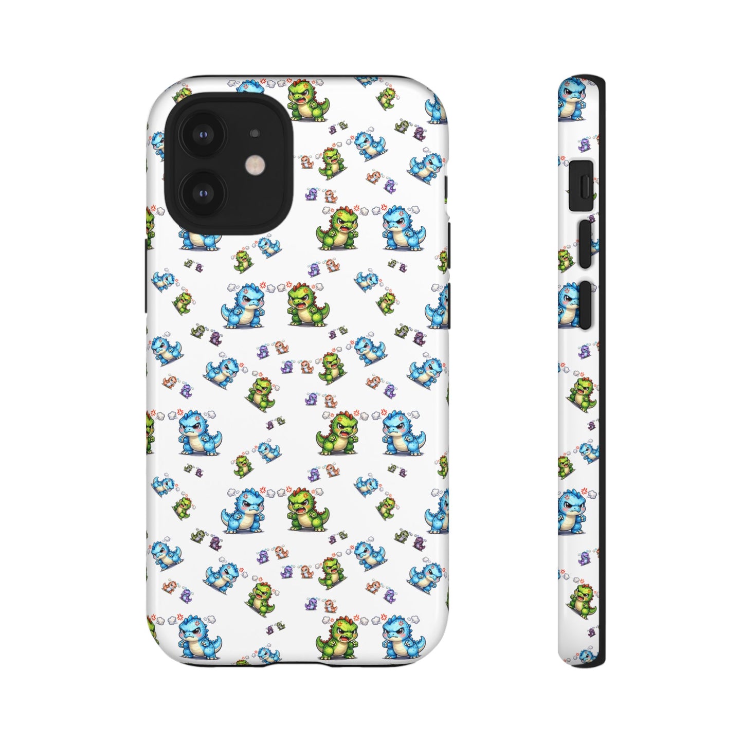 Cute Dino Pattern Phone Case — Cartoon Green & Blue Dino Tough Case, Protective iPhone Cover