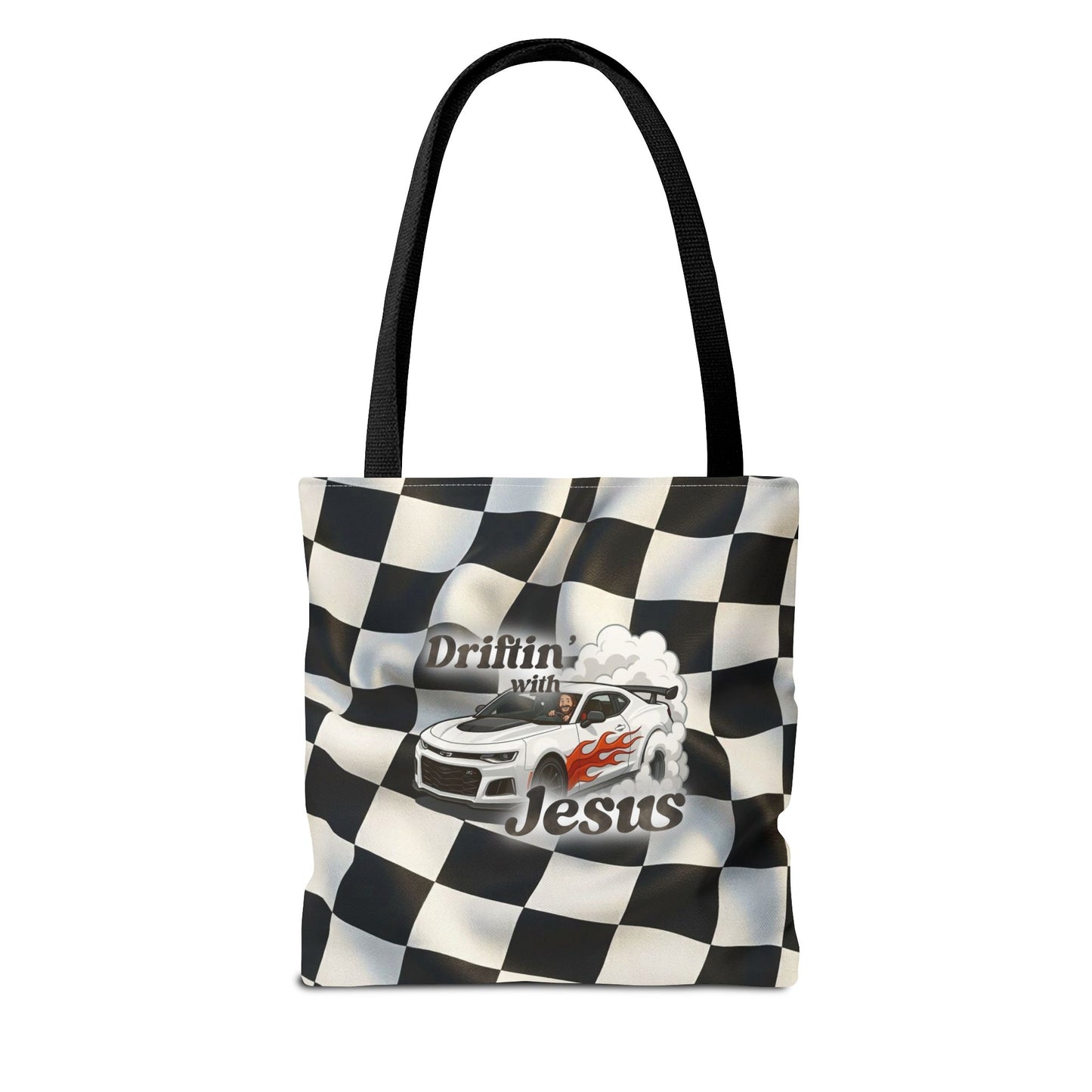 Driftin' with Jesus Racing Tote Bag - Checkered Flag Christian Car Gift