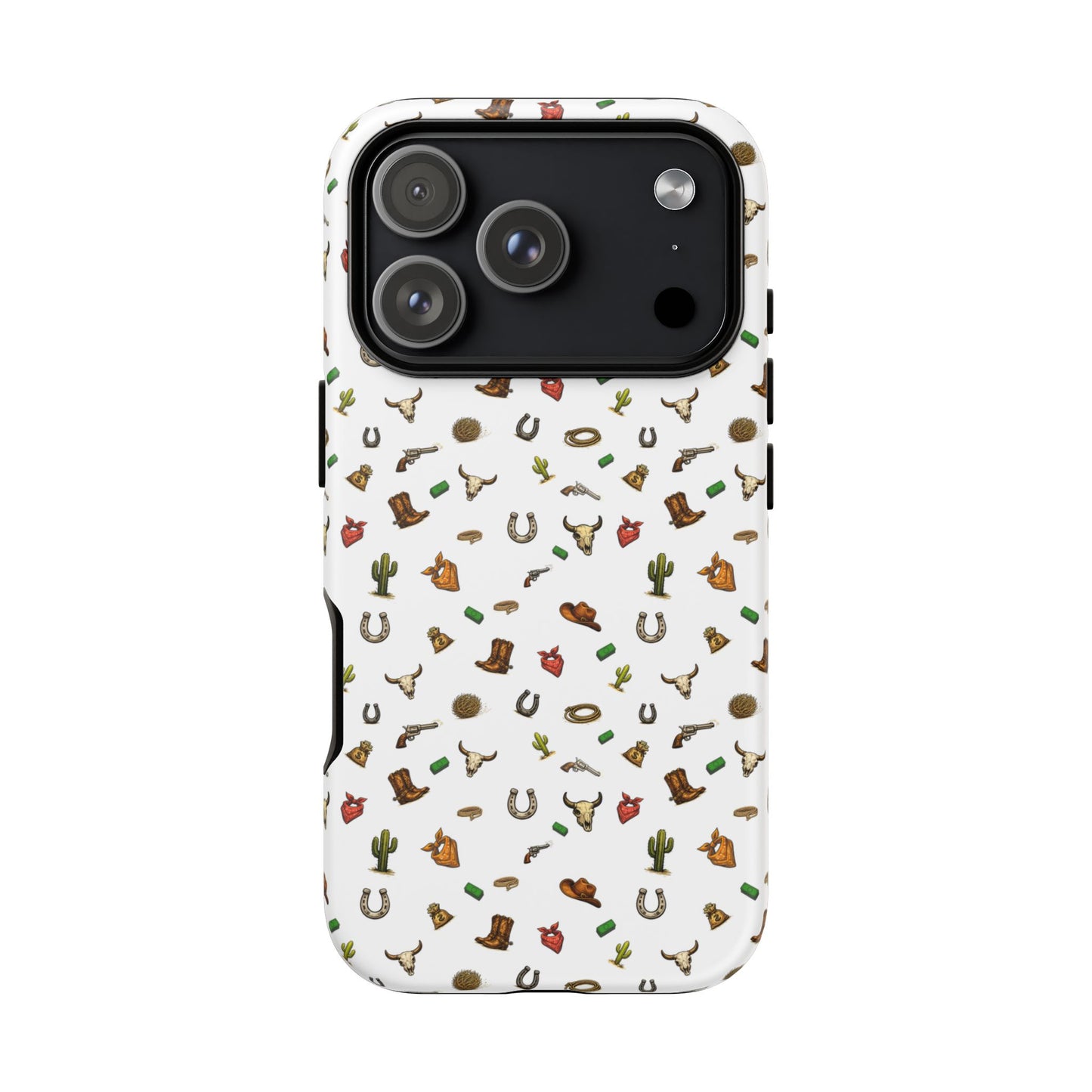 Western Cowboy Pattern Phone Case — Rodeo Hat, Horseshoe & Cactus Tough Case