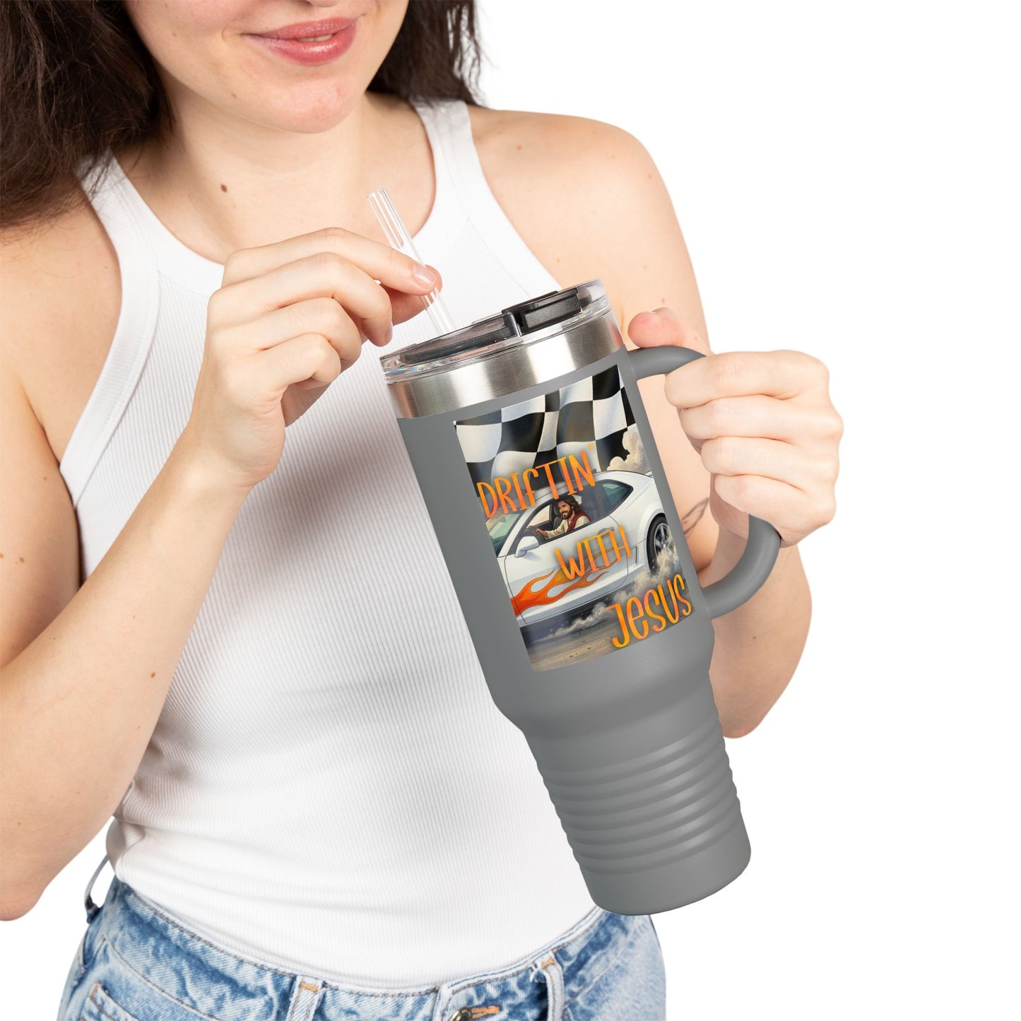 40oz Insulated Travel Mug — Vintage Race Car on Checkered Flag